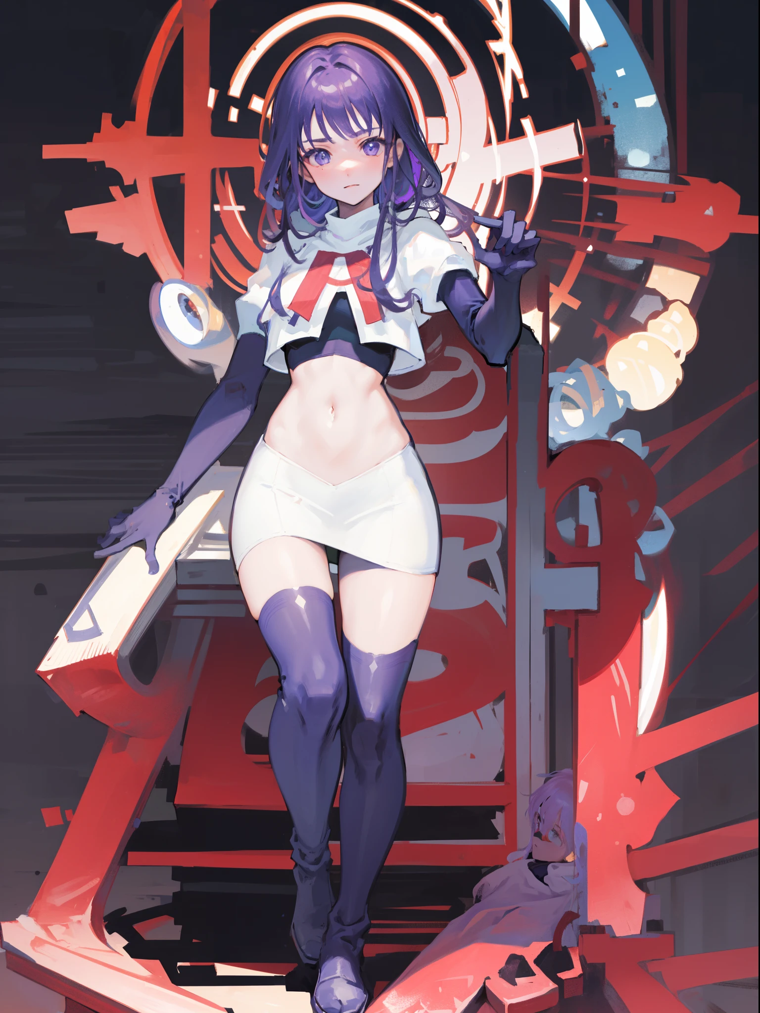 (Highest quality，Masterpiece，8k)，((Pale skin))，1girll，Solo Woman，((Genshin_impact，Raiden general)), Sexy beautiful anime girl，Raiden general，Long purple hair，rosy lips，Anime mouth, A sexy mature woman，Detailed eyeusty figure, team rocket,team rocket uniform, red letter R, white skirt,white crop top,black thigh-highs,black elbow gloves,