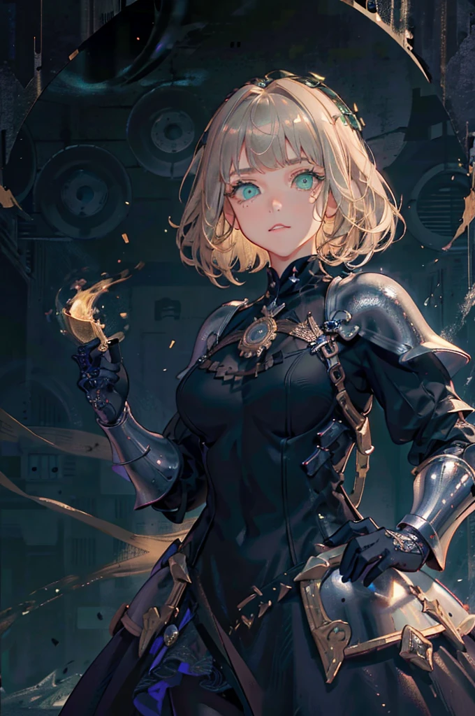 (masterpiece, best quality, extremely detailed CG, beautiful detailed eyes, ultra-detailed, intricate details:1.2), 8k wallpaper, elaborate features, (1girl, solo:1.4), short brown blond hair, swept bangs, struggle, dynamic pose, looking at viewer, (((green eyes))), dark cave, magic surround, ((magic circles)), night, dark, (((((armor dress))))), upper body, ((((dark cave background)))), large breasts, (((((detailed face))))), ((((((detailed eyes)))))), stalactites, earth theme, magic particles, silver
