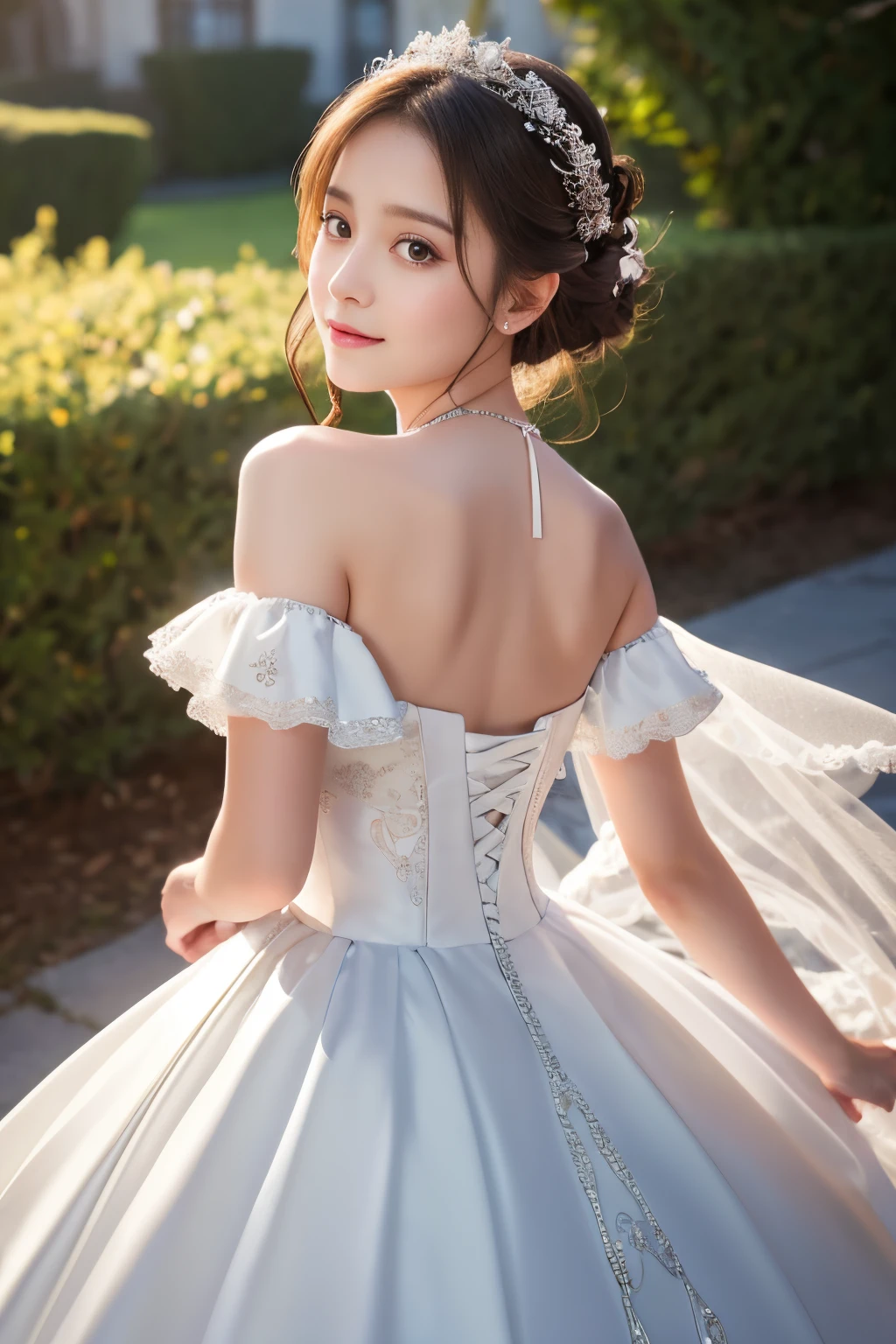 Young girl in wedding dress and updo, Off-shoulder neckline, and a long veil. her face is young and innocent, Looks like a . She looks at the camera with a playful expression. Detailed artwork with vivid illustrations, Realistic colors, Capture every detail. The medium of digital painting, Guaranteed best quality and high resolution (4K or 8K). soft and romantic lighting, creating a dream-like atmosphere. The overall color is warm and gentle............., Highlight the joy and beauty of your wedding scene.backs、Silver Tear Mina Long Skirt、full body Esbian