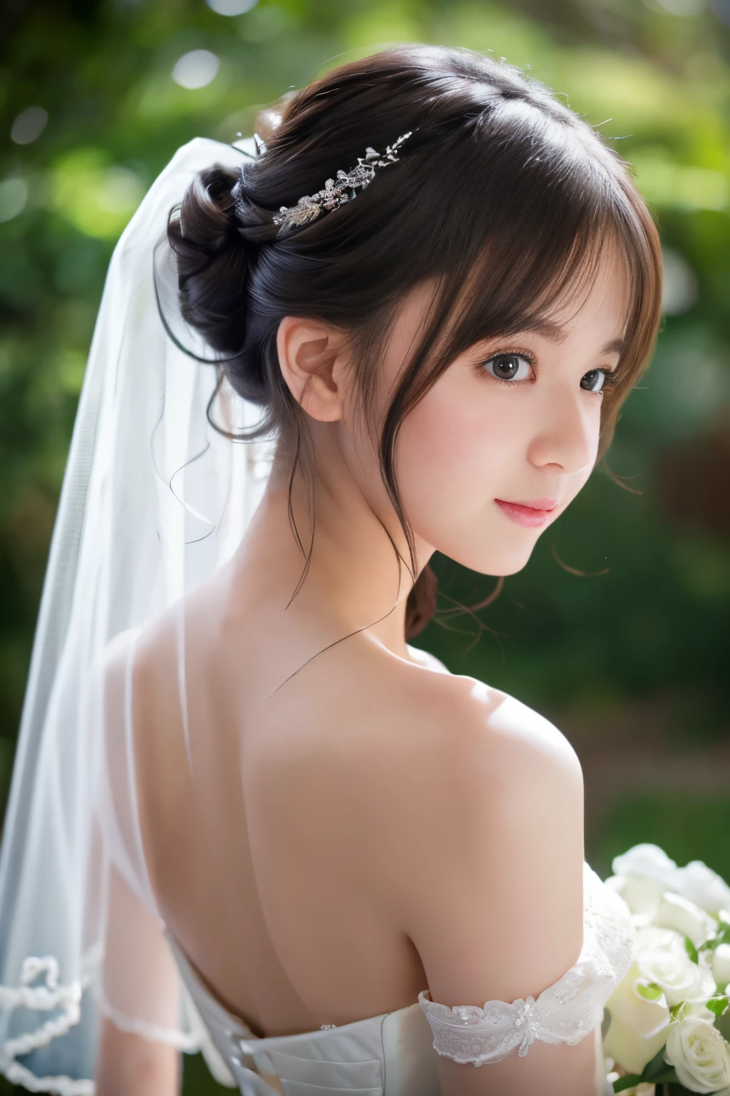 Young girl in wedding dress and updo, Off-shoulder neckline, and a long veil. her face is young and innocent, Looks like a . She looks at the camera with a playful expression. Detailed artwork with vivid illustrations, Realistic colors, Capture every detail. The medium of digital painting, Guaranteed best quality and high resolution (4K or 8K). soft and romantic lighting, creating a dream-like atmosphere. The overall color is warm and gentle..........., Highlight the joy and beauty of your wedding scene.backs、Silver Tier Luminous Long Skirt、full body Esbian