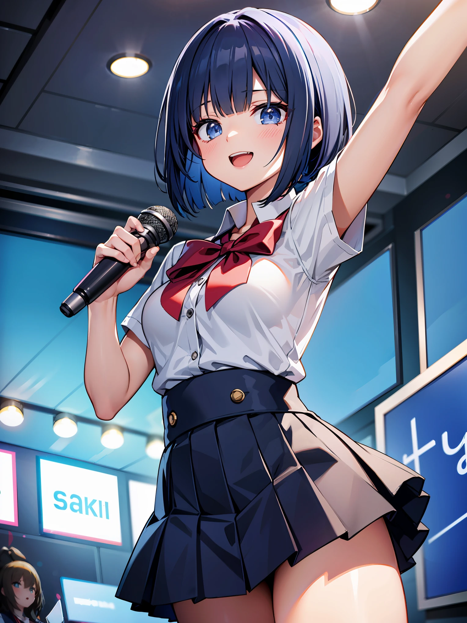 (in 8K, Raw photography, Best Quality, masutepiece: 1.2), high-definition RAW color photography, Professional Photography, Cinematic Light, (animesque: 1.2), 1 female high school girl, (upperbody shot:1.2), (High Detail Skin: 1.2), Show your teeth and smile, 鎖骨, Pretty face, Beautiful eyes, long eyelashes, Blonde twintails, The skin is clean, eyelid, (high-school uniform, Dark blue pleated skirt), (((karaoke room, Hold the microphone and sing))), Highly detailed, Photography, High quality, hight resolution, Professional Lighting,