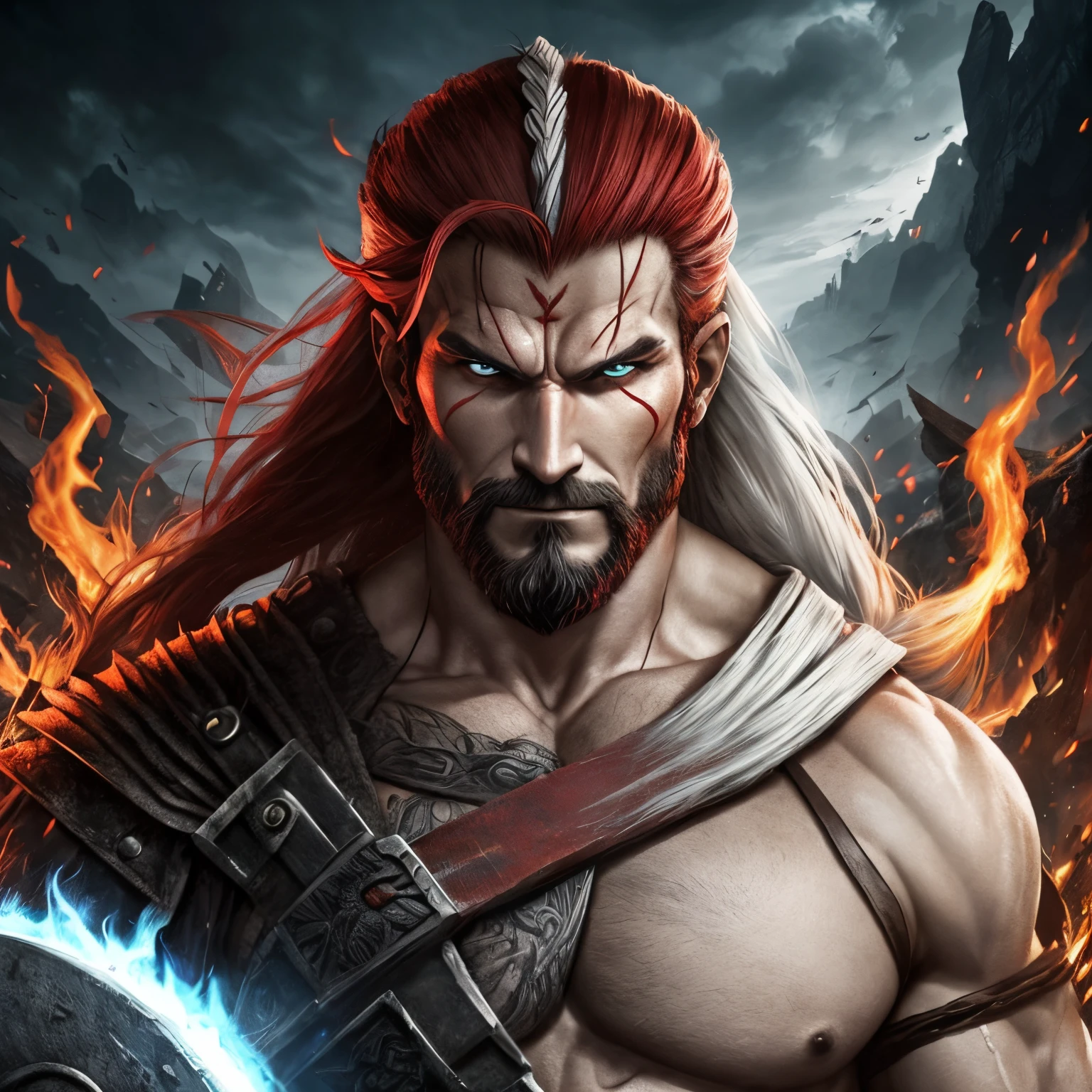 Berserker, Barbarian mature man, Arte de Fantasia, of his gaze alone enemies beginning to panic, one head, devilish smile, besta do inferno, demonio, White Fire Sky, guerreira, com foice e escudo, lindo, mature mans, Werelion, Long red braided hair, olhos dourados brilhantes, realista, altamente detalhados, Motor irreal, 8k de luxo