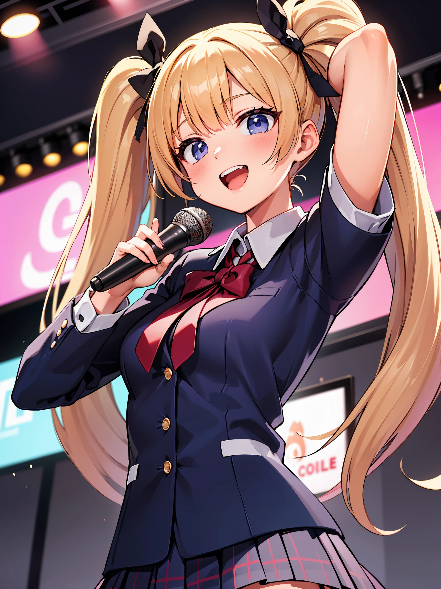 (in 8K, Raw photography, Best Quality, masutepiece: 1.2), high-definition RAW color photography, Professional Photography, Cinematic Light, (animesque: 1.2), 1 female high school girl, (upperbody shot:1.2), (High Detail Skin: 1.2), Show your teeth and smile, 鎖骨, Pretty face, Beautiful eyes, long eyelashes, Blonde twintails, The skin is clean, eyelid, (high-school uniform, Dark blue pleated skirt), (((karaoke room, Hold the microphone and sing))), Highly detailed, Photography, High quality, hight resolution, Professional Lighting,
