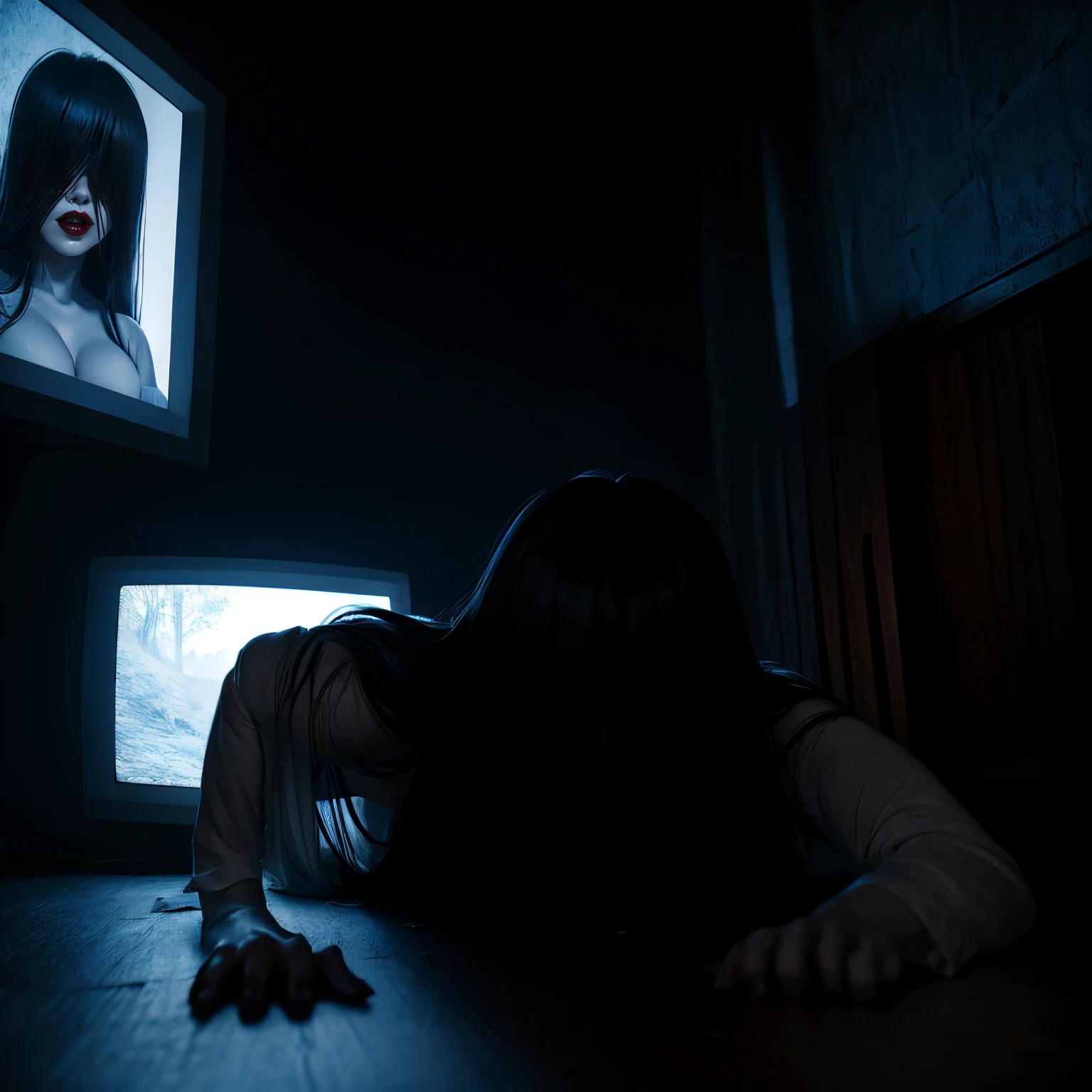 (masterpiece:1.1, Best Quality:1.1, 16K HDR, High resolution), (1girl in, Solo), Ultra-realistic portrait of Sadako Yamamura, the ring, (((Black hair, Long hair, Bangs, long bangs above the eyes,,))), medium boobs, medium tits, medium cleavage, medium breasts, visible nipples, Inside an abandoned hut, inside an abandoned barn, farms, Dark atmosphere, Realistic skin texture, Full body shot, Perfect slim body style, White Dress, face down doggy style, Coming through the TV,
