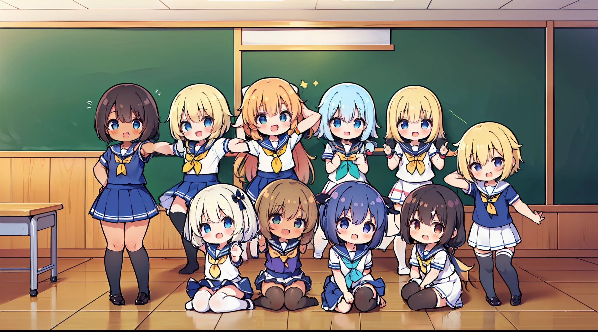 (Masterpiece), Top Quality, (Color:1.1), (5 small lolis, Group Photo:1.4), (slim body:1.1), (brown skin:1.1), (muscles: 1.1), Blonde hair, Hair very short black, Twin tails, (Forward bend: 1.4), (Happy smile: 1.1), , (sailor uniform, very short skirt, white stockings, : 1.1), Cowboy shot, classroom,