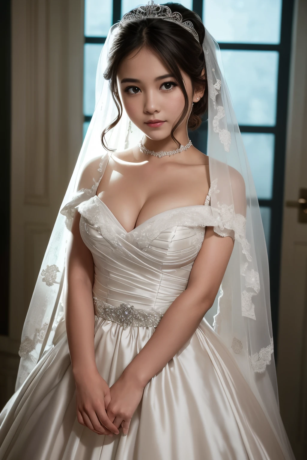 Young girl in wedding dress and updo, Off-shoulder neckline, and a long veil. her face is young and innocent, Looks like a child. She looks at the camera with a playful expression. Detailed artwork with vivid illustrations, Realistic colors, Capture every detail. The medium of digital painting, Guaranteed best quality and high resolution (4K or 8K). soft and romantic lighting, creating a dream-like atmosphere. The overall color is warm and gentle................, Highlight the joy and beauty of your wedding scene.frontage、full body Esbian、A smile