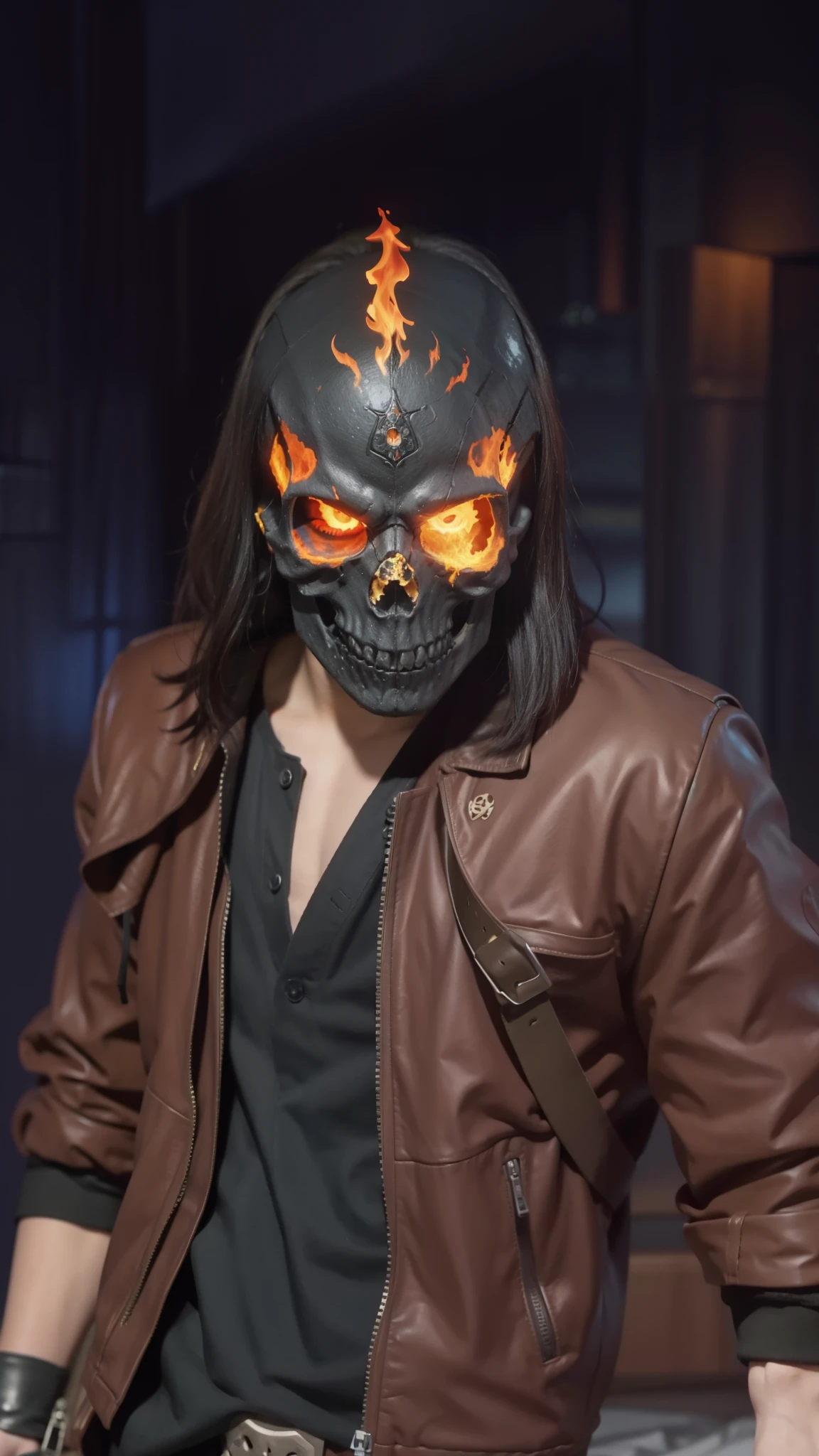 1 boy, skull face, fiery eyes, glow, realistic,