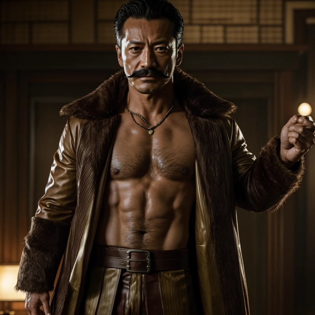 50 years old，Hidetoshi Nakata ，（Kogoro Mouri 1.3), a man in kraven outfit, tong, mustache, little beard, kraven marvel, cinematic scene, wallpaper picture, great quality, masterpiece, 4k hd, 8k hd