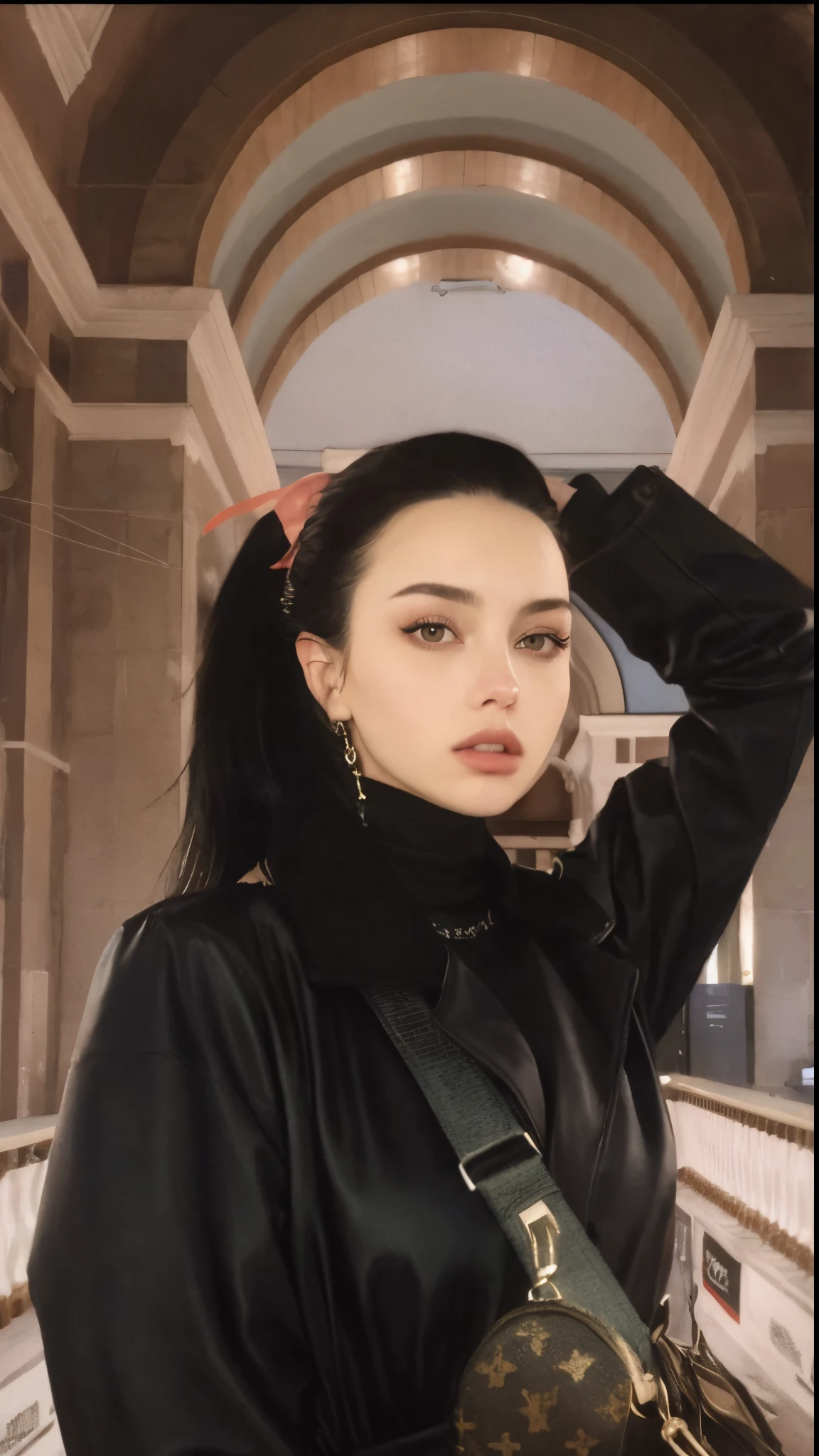 Mujer araffe con chaqueta negra y top negro sosteniendo un bolso., hermosa poarch, Anastasia Ovchinnikova, Olga Buzova, Estilo de Julia Razumova, Kailee Mandel, Julia Gorokhova, Ella tiene el pelo negro, Billie Eilish, goth girl aesthetic, with pale skin, Retrato Sophie Mudd, Yelena Belova
