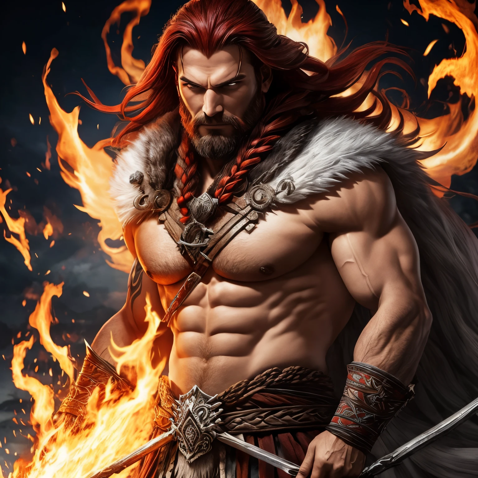 Berserker, Barbarian mature man, Arte de Fantasia, of his gaze alone enemies beginning to panic, one head, devilish smile, besta do inferno, demonio, White Fire Sky, guerreira, com foice e escudo, lindo, mature mans, Werelion, Long red braided hair, olhos dourados brilhantes, realista, altamente detalhados, Motor irreal, 8k de luxo