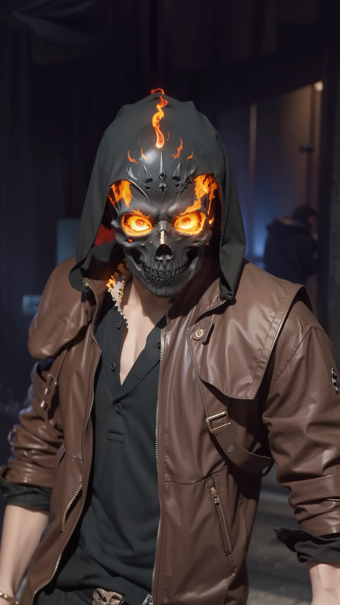 1 boy, skull face, fiery eyes, glow, realistic,