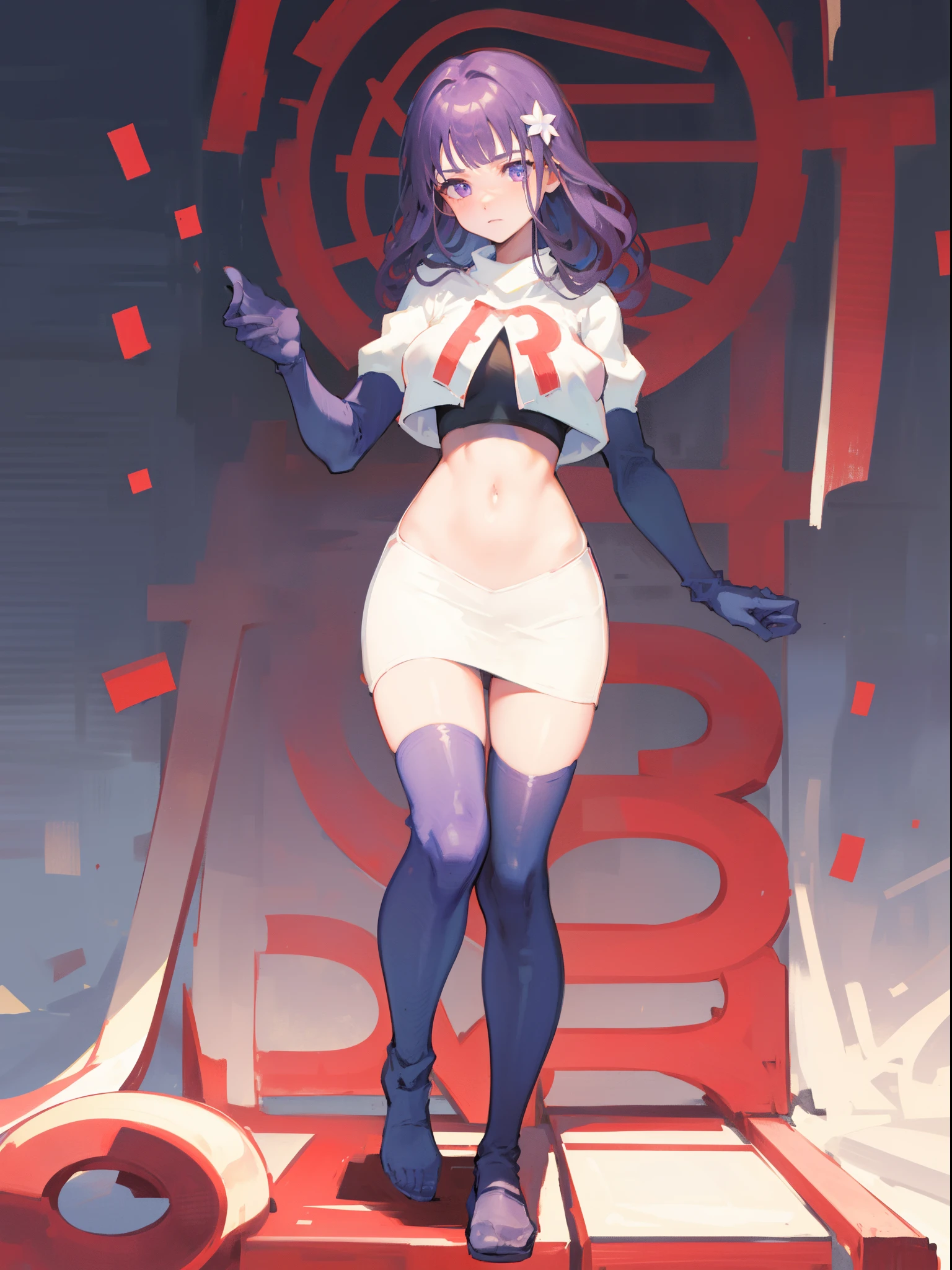 (Highest quality,Masterpiece,8k),((Pale skin)),1girll,Solo Woman,((Genshin_impact,Raiden general)), Sexy beautiful anime girl,Raiden general, Mole under eye, Long purple hair, hair ornaments, rosy lips,Anime mouth, A sexy mature woman,Detailed eyeusty figure, team rocket,team rocket uniform, red letter R, white skirt,white crop top,black thigh-highs,black elbow gloves,