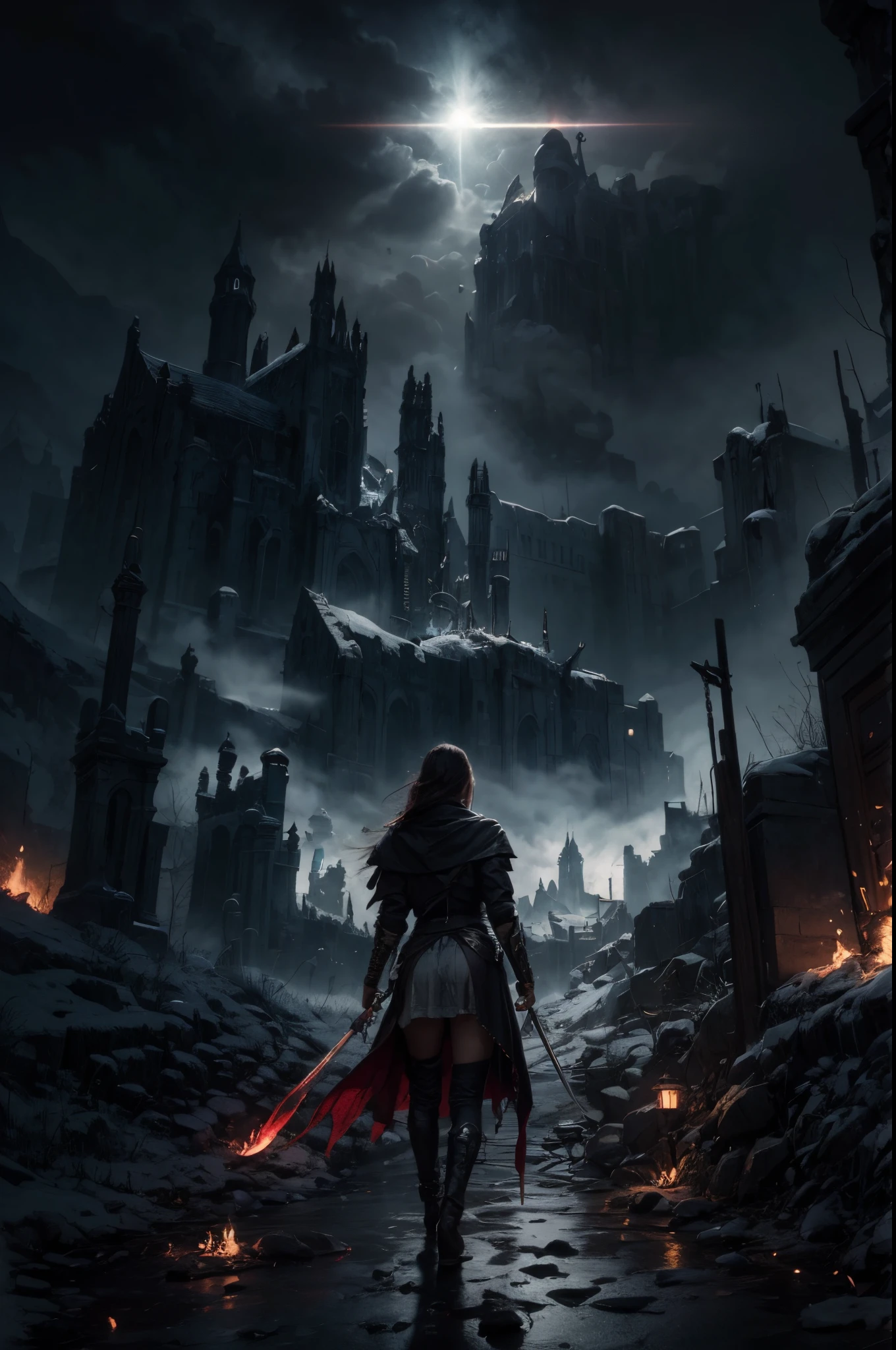 fotografe uma mulher com uma espada andando por uma cidade, arte de estilo fantasia escura, dark cinema photography, atordoante! arte de fantasia