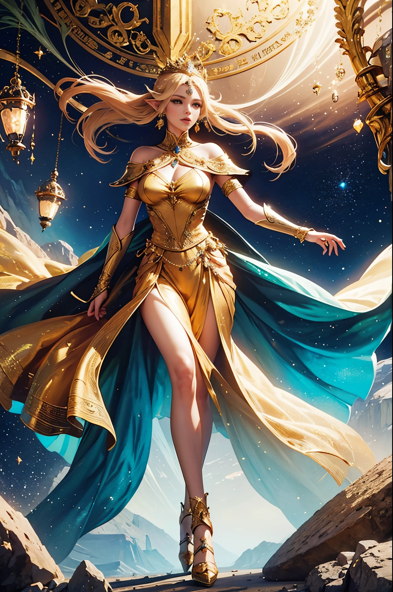 Arafe woman in a gold and blue dress with a golden cloak, Goddess. extremely high detail, super detailed fantasy characters, unreal engine render + goddes, beautiful and elegant elf queen, Alexandra Fomina Artstation, 3 d render character art 8 k, gorgeous goddess of leo, 3d goddess minerva, a beautiful fantasy empress, Best Quality, Perfect Angle, perfect-composition, Best Shots, Perfect model body shape,