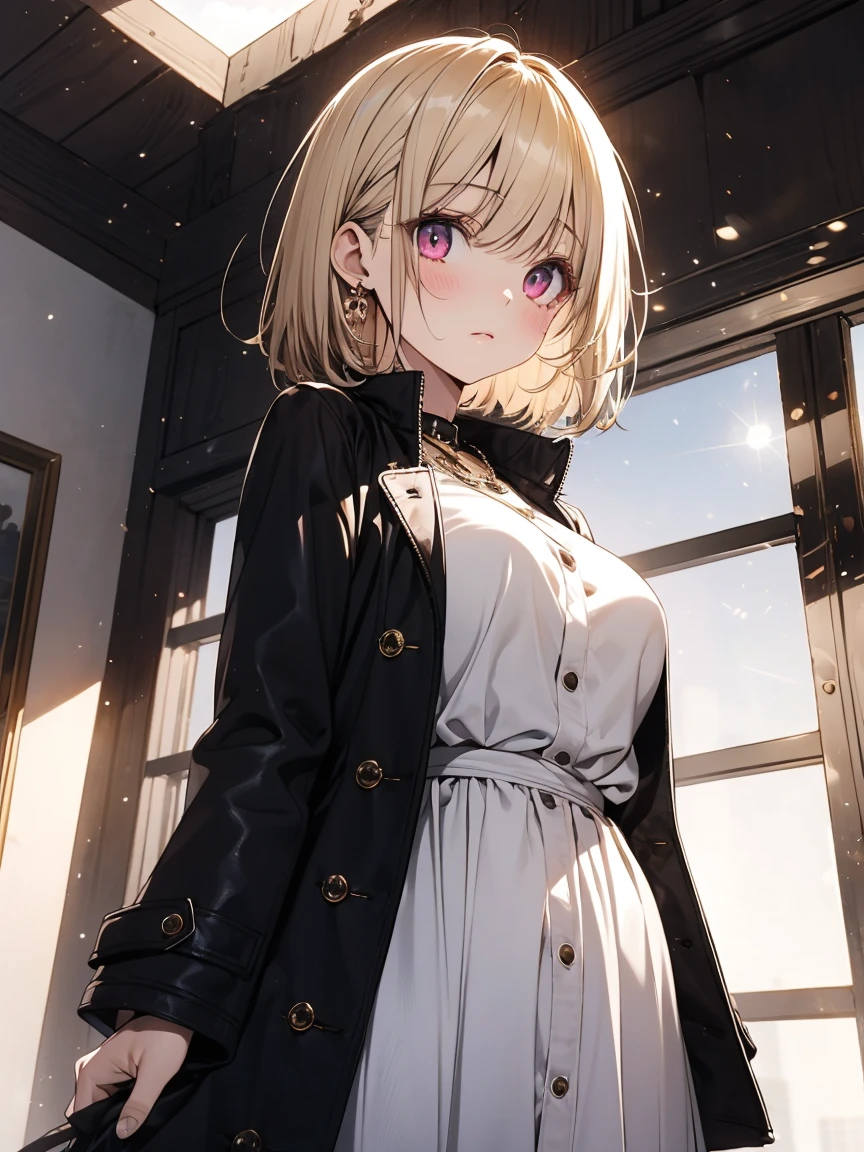 masterpiece, absurdres, best quality, ultra detailed, high Resolution, detailed illustration, (sfw), 1girl, (li), cute face, detailed face, magenta eyes, cute eyes, sparkling eyes, big eyes, medium breasts, perky breasts, pointy breasts, medium hips, glamorous body, Surprised, BREAK, long bob cut, (blonde hair:0.8), messy hair, detailed hair, BREAK coat, sweater, long skirt, tiny ribbon, breakfast, sunny-side up, real world, natural lights, perfect lighting,