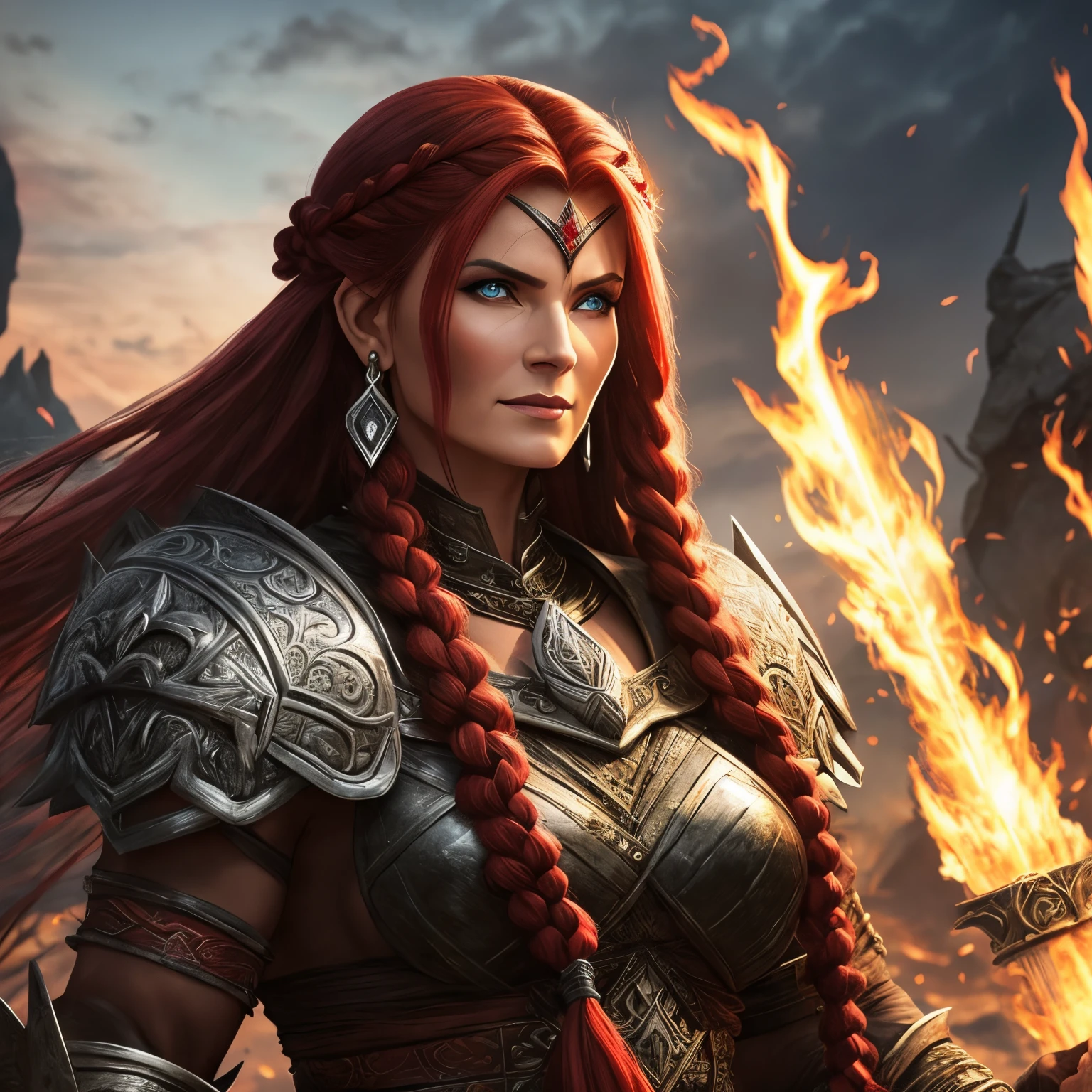 Berserker, Barbarian mature woman,  Arte de Fantasia, of his gaze alone enemies beginning to panic, one head, devilish smile, besta do inferno, demonio, White Fire Sky, guerreira, com foice e escudo, lindo, mature womans, Werelion, Long red braided hair, olhos dourados brilhantes, realista, altamente detalhados, Motor irreal, 8k de luxo