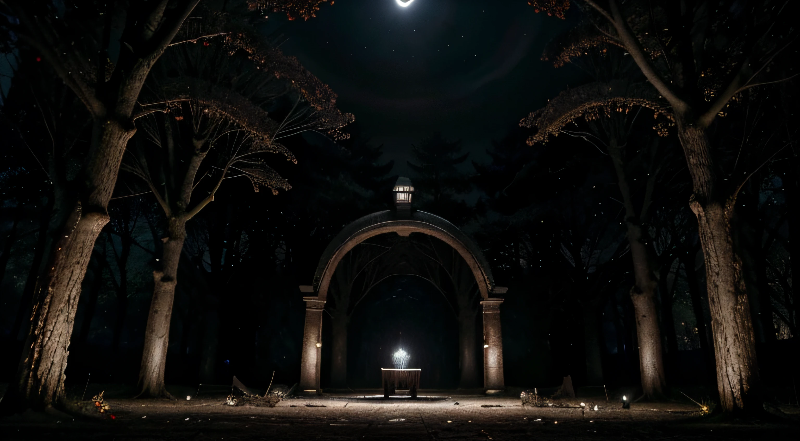 jardim escuro, Estilo Resident Evil e Alone in the Dark, night time, flowers and dead vegetation, pieces of dead crows on the ground. High definition. Dark sky with red eyes like stars.
Big dome with ominous trees. bancos de madeira