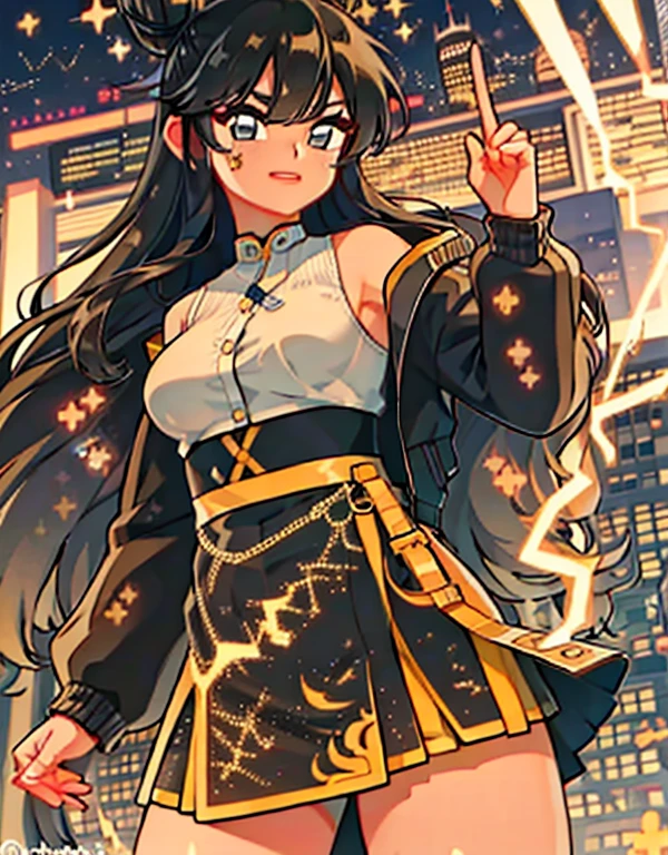 1adult woman, black hair, long hair, hair bun, combat outfit, skirt, jacket, large breasts, mmagic wand, city square, (detailed landscape:1.2), (dynamic_angle:1.2), (dynamic_pose:1.2), (master part:1.2), (best quality, extremely high quality), (ultra detailed), (8k, 4k, complex), (cowboy photo: 1), (highly detailed: 1.2), (detailed face : 1), (Gradients), (ambient light:1.perfect_anatomy:1.2), cinematic composition,