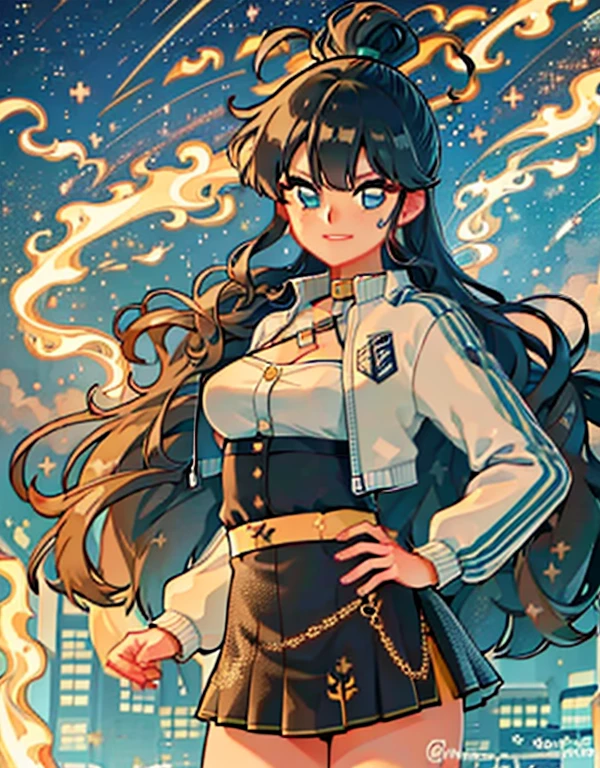 1adult woman, black hair, long hair, hair bun, combat outfit, skirt, jacket, large breasts, mmagic wand, city square, (detailed landscape:1.2), (dynamic_angle:1.2), (dynamic_pose:1.2), (master part:1.2), (best quality, extremely high quality), (ultra detailed), (8k, 4k, complex), (cowboy photo: 1), (highly detailed: 1.2), (detailed face : 1), (Gradients), (ambient light:1.perfect_anatomy:1.2), cinematic composition,