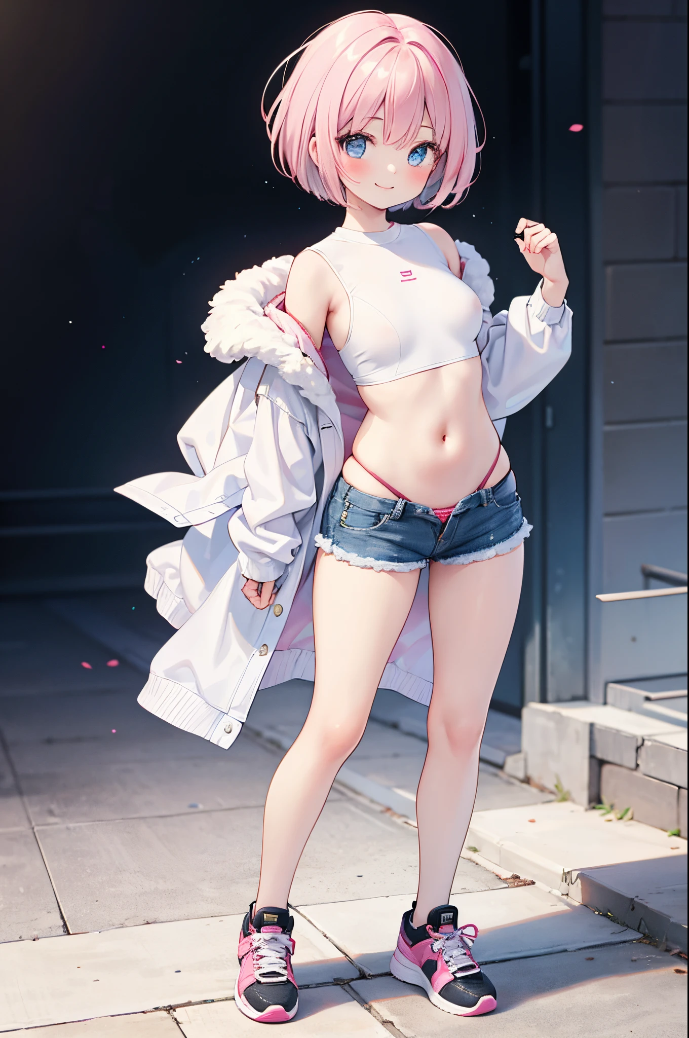 Detail image, realistic image, 1 girl. She has very short hair that has a single long strand on the right side, her hair is light pink. She has blue eyes. She wears a long sleeve shirt with garters. Denim mini shorts, thong with lace. sneakers. Smiling. She has big tits, small waist, wide hips, thick legs. Full body view. Ambient light. Volumetric light