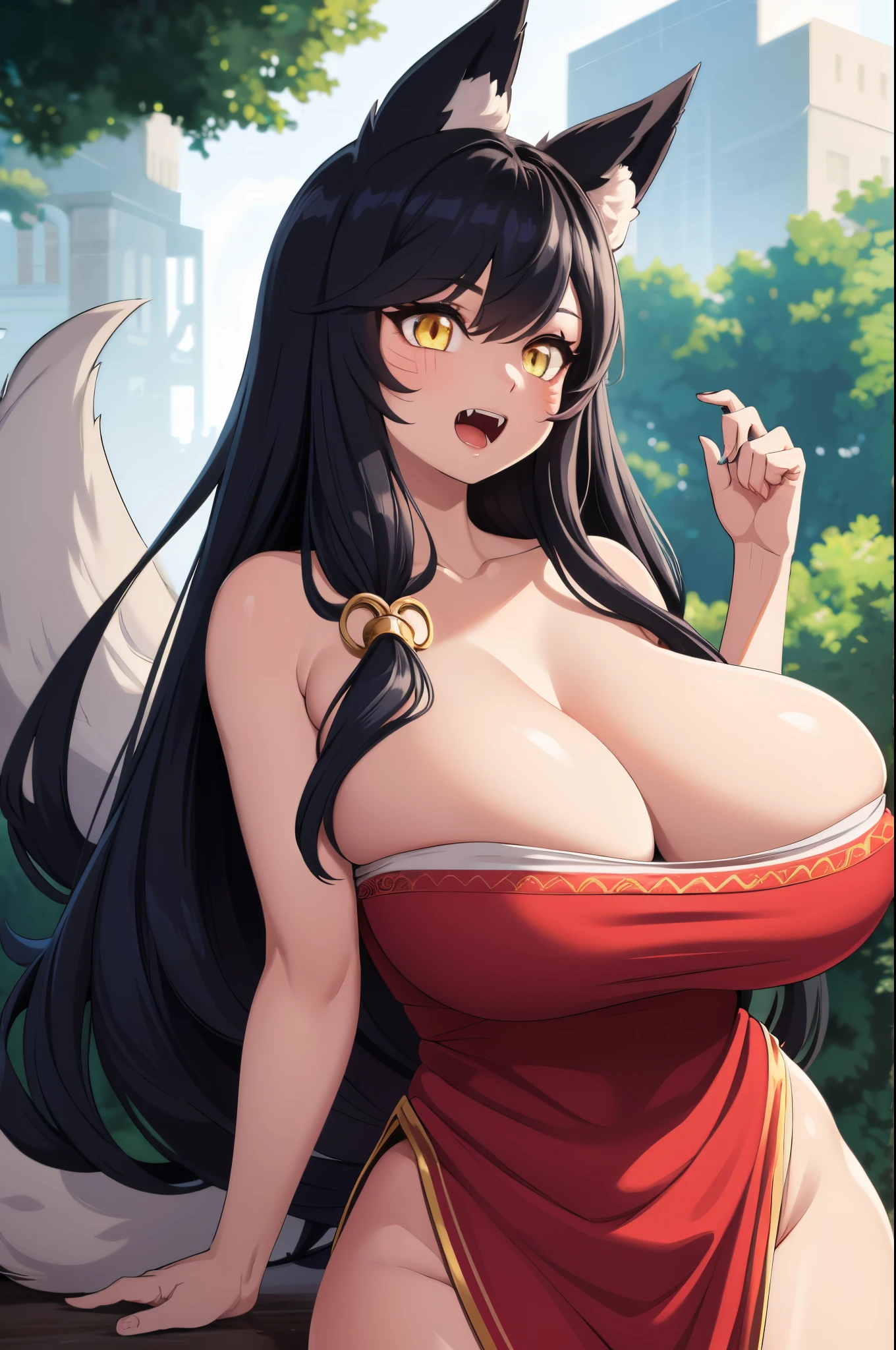 masterpiece, best quality, ultra-detailed, illustration, colorful, falt color, depth of field, lens flare, 1girl, ahri \(league of legends\), black hair, yellow eyes, hair ornament, fox ears, fox tails, anime, (shortstack), (shortstackBT), (closeup), (upper body), ( nightgown, fangs, kitsune), cowboy shot, looking at viewer, at forest, detailed skin texture, beautiful detailed face, open mouth, fangs, excited, seductive, alluring attire, collarbone, (, curvy, voluptuous, curvaceous)