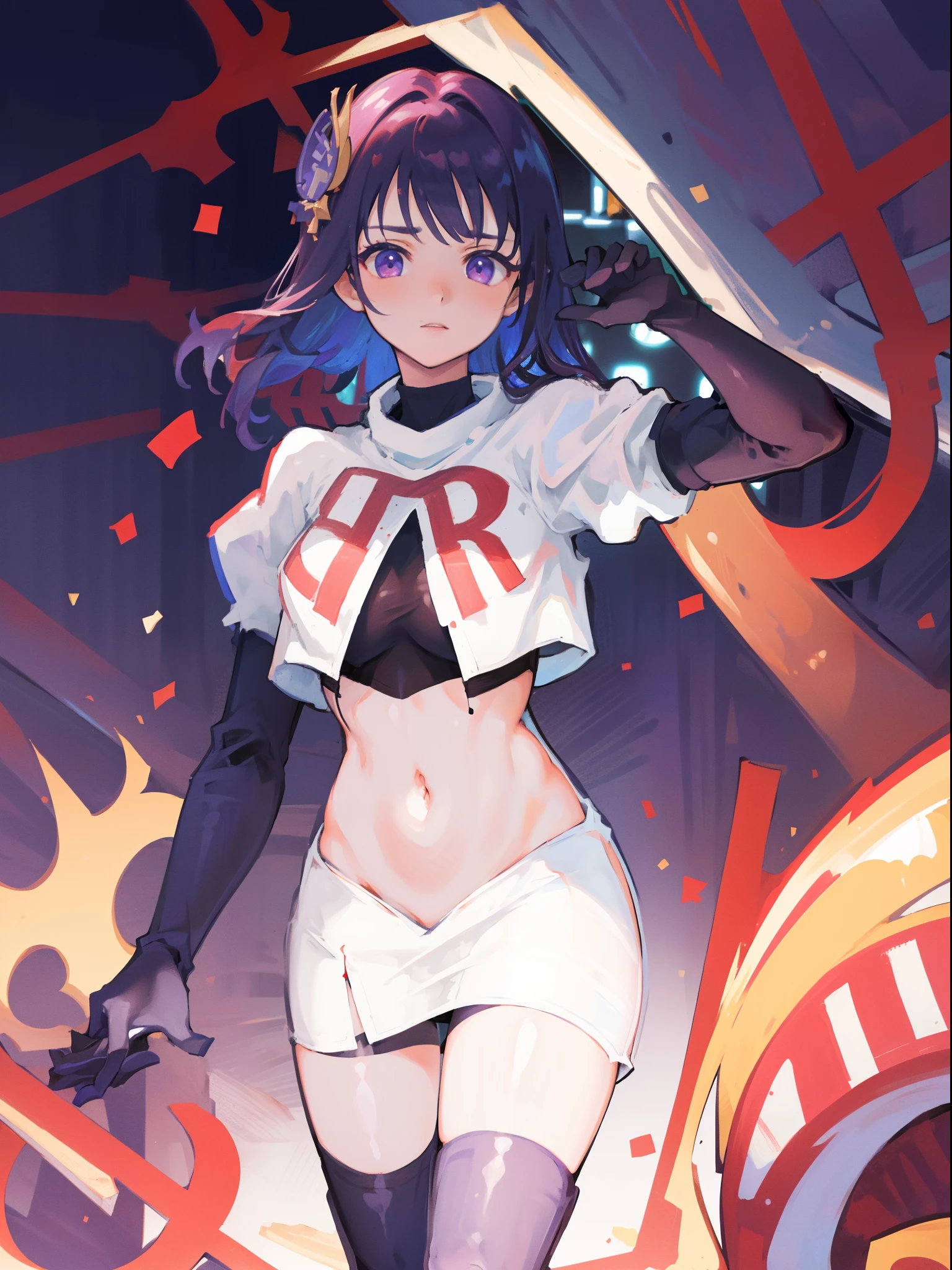 (Highest quality,Masterpiece,8k),((Pale skin)),1girll,Solo Woman,((Genshin_impact,Raiden general)), Sexy beautiful anime girl,Raiden general, Mole under eye, Long purple hair, hair ornaments, rosy lips,Anime mouth, A sexy mature woman,Detailed eyeusty figure, team rocket,team rocket uniform, red letter R, white skirt,white crop top,black thigh-highs,black elbow gloves,