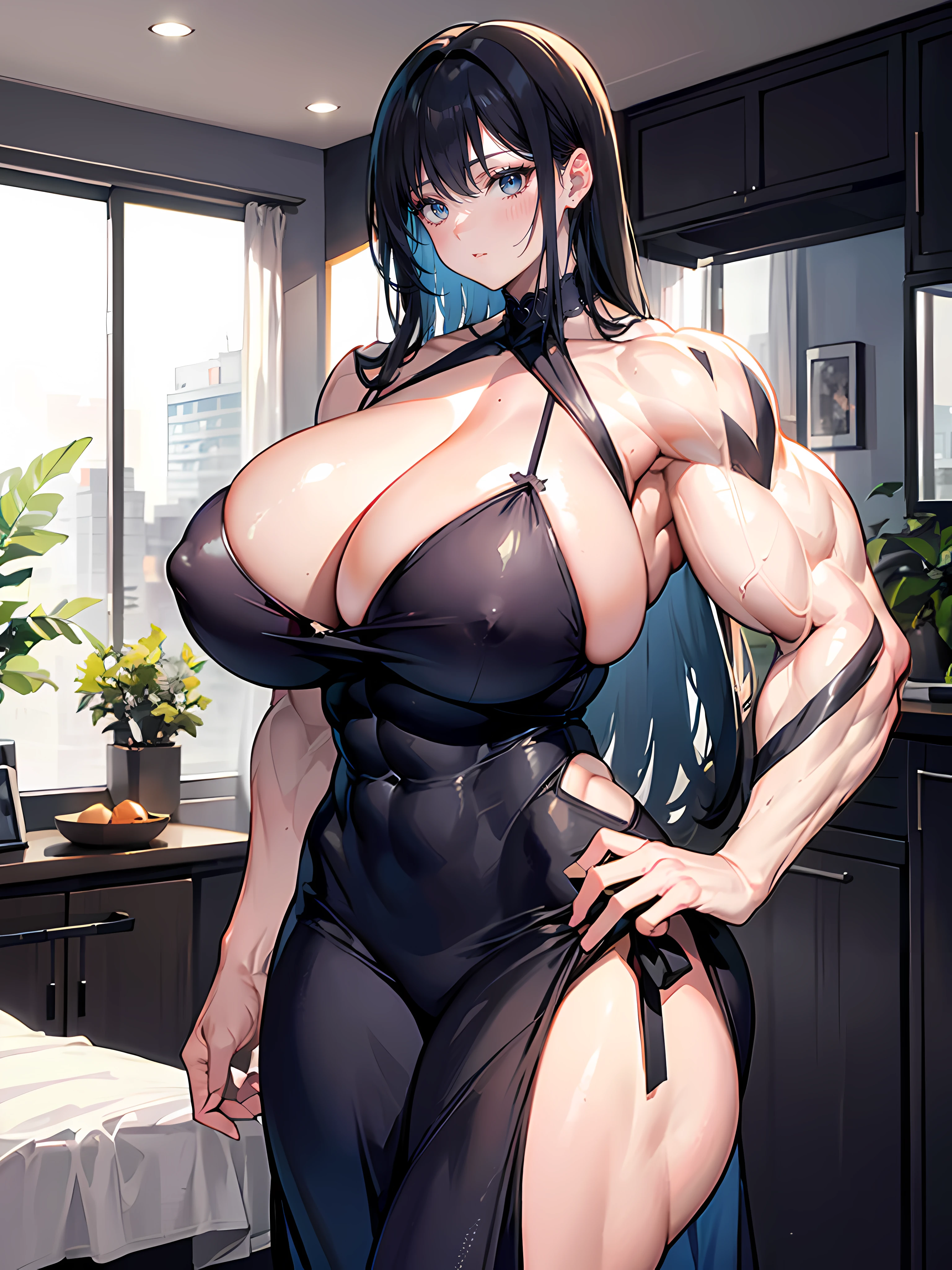 mature woman with (((huge breasts))) and long hair wearing a very seductive and revealing dress, ((((huge muscles))))