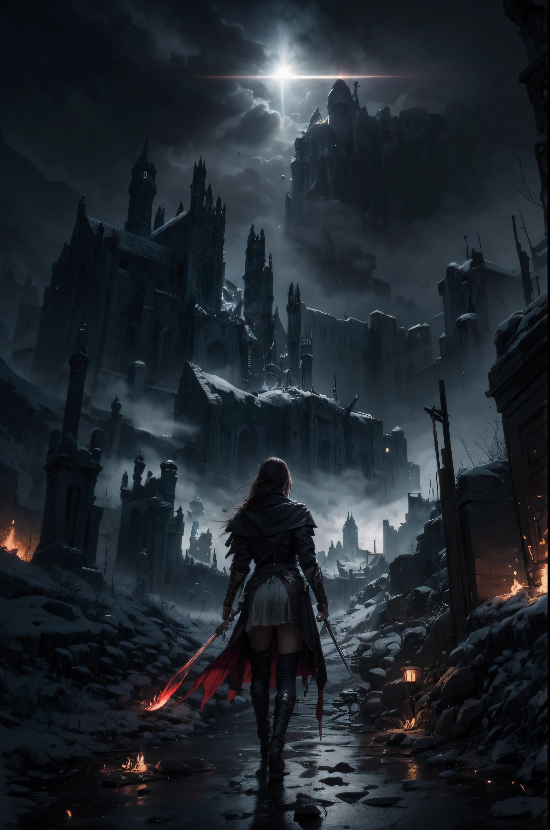 fotografe uma mulher com uma espada andando por uma cidade, arte de estilo fantasia escura, dark cinema photography, atordoante! arte de fantasia