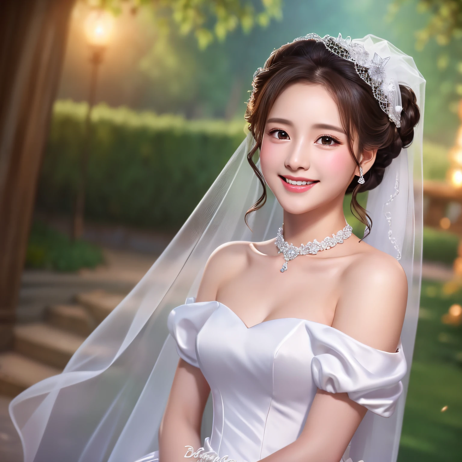 Young girl in wedding dress and updo, Off-shoulder neckline, and a long veil. her face is young and innocent, Looks like a . She looks at the camera with a playful expression. Detailed artwork with vivid illustrations, Realistic colors, Capture every detail. The medium of digital painting, Guaranteed best quality and high resolution (4K or 8K). soft and romantic lighting, creating a dream-like atmosphere. The overall color is warm and gentle..............., Highlight the joy and beauty of your wedding scene.frontage、Silver Tear Mina Long Skirt、full body Esbian、a smile