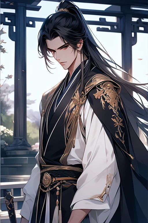 (Best quality,A high resolution,The image is clear，centered composition，Garden scene，:1.2),male people，the only person，Ultra detailed backgrounds,Beautiful man standing holding sword，Chinese-style clothes，high ponytails，natta，Garden scene,under moonlight,starrysky，Blue and White Clothes，Asian architecture，Romantic atmosphere,，Dutch Angle Shot,gentlesoftlighting,portrait of upper body，Noble prince，Eye focus，a sharp gaze，