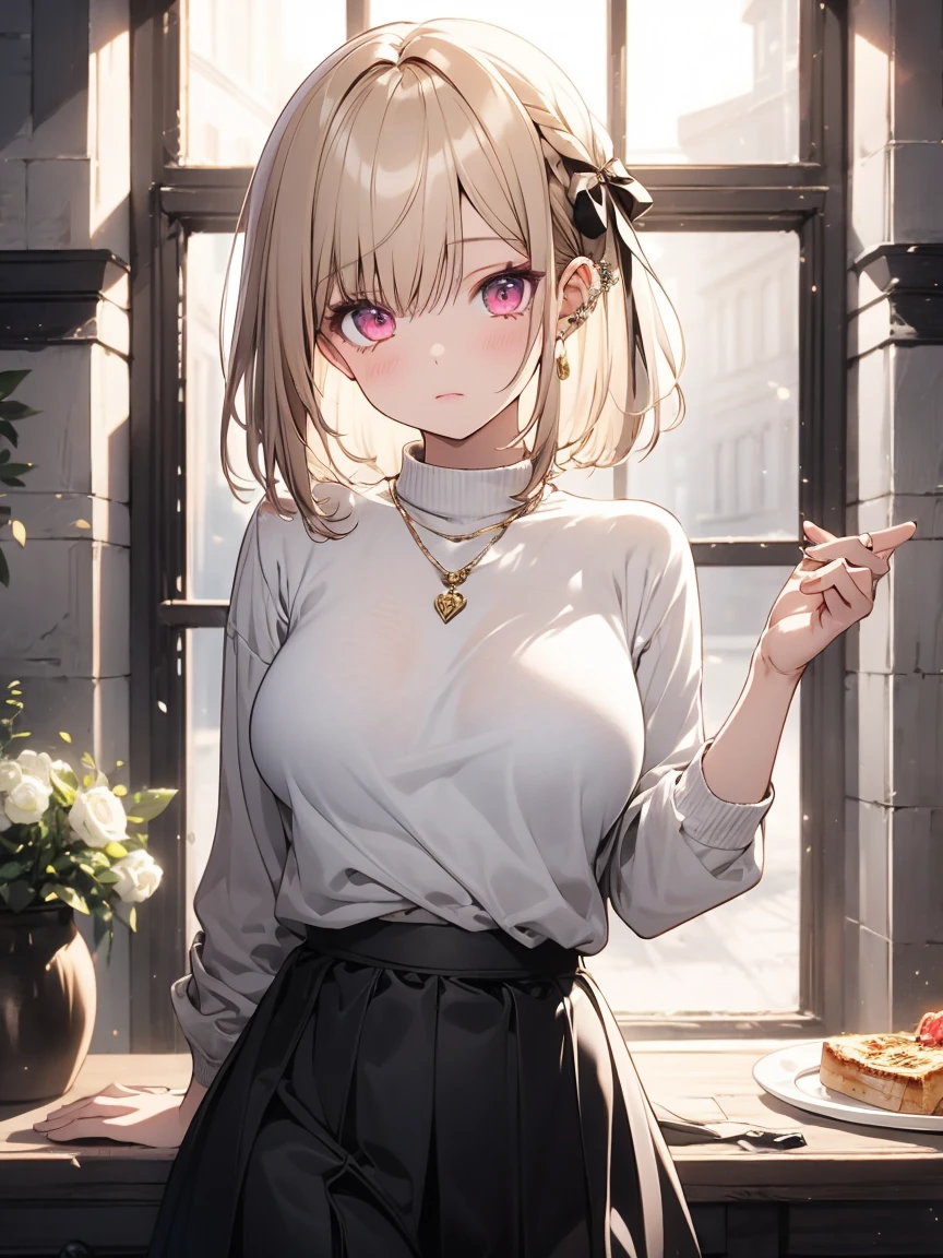 masterpiece, absurdres, best quality, ultra detailed, high Resolution, detailed illustration, (sfw), 1girl, (loli), cute face, detailed face, magenta eyes, cute eyes, sparkling eyes, big eyes, medium breasts, perky breasts, pointy breasts, medium hips, glamorous body, Surprised, BREAK, long bob cut, (blonde hair:0.8), messy hair, detailed hair, BREAK sweater, long skirt, tiny ribbon,  breakfast, fried egg, real world, natural lights, perfect lighting,