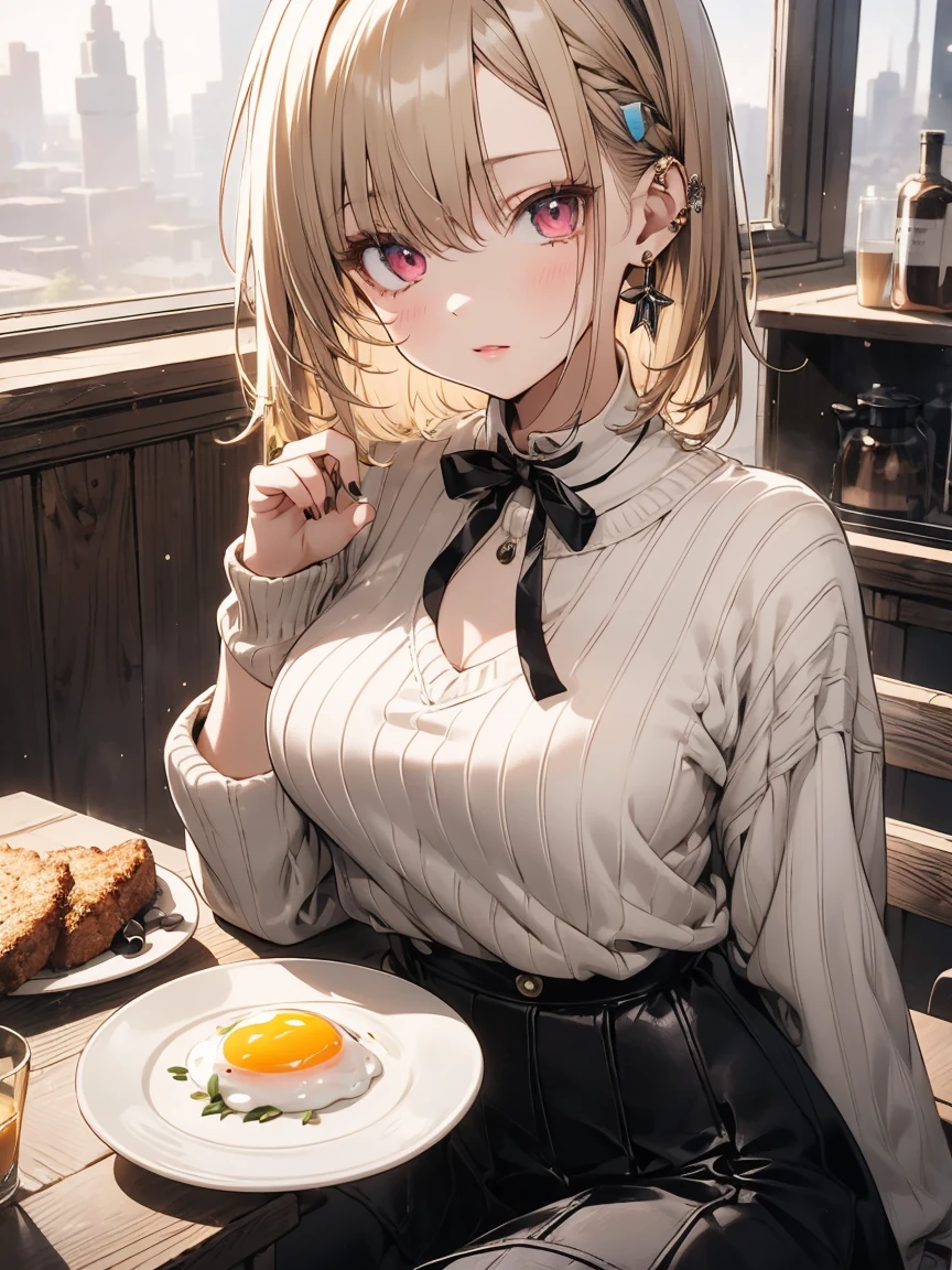 masterpiece, absurdres, best quality, ultra detailed, high Resolution, detailed illustration, (sfw), 1girl, (loli), cute face, detailed face, magenta eyes, cute eyes, sparkling eyes, big eyes, medium breasts, perky breasts, pointy breasts, medium hips, glamorous body, Surprised, BREAK, long bob cut, (blonde hair:0.8), messy hair, detailed hair, BREAK sweater, long skirt, tiny ribbon,  breakfast, fried egg, real world, natural lights, perfect lighting,