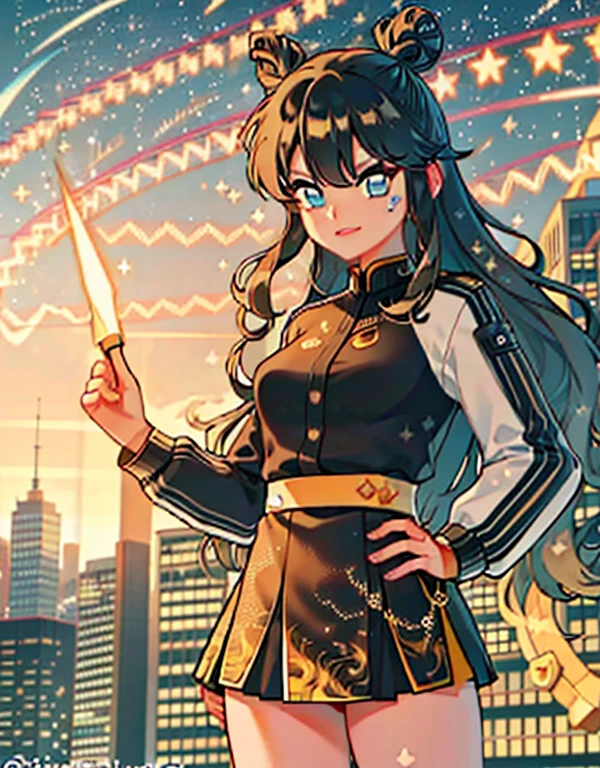 2adult women, black and blonde hair, long hair, hair bun, combat outfit, skirt, jacket, large breasts, magic wand, city square, (detailed landscape:1.2), (dynamic_angle:1.2), (dynamic_pose:1.2 ), (master part:1.2) ), (best quality, extremely high quality), (ultra detailed), (8k, 4k, complex), (cowboy photo: 1), (highly detailed: 1.2), ( detailed face: 1), (Gradients), (ambient light:1.perfect_anatomy:1.2), cinematic composition,