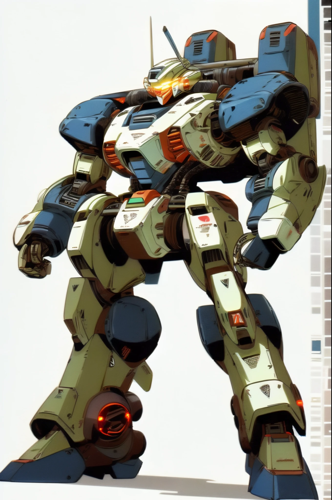 ((masterpiece)), a (((robot))) (with a retro design, glowing eyes, black and white) (full standing body, white background, character sheet)