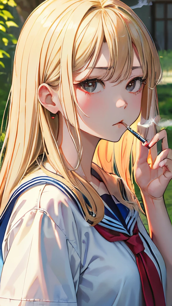 「Smoking cigarettes」、Angry、a park,masterpiece,Top image quality,hight resolution,Mabayashi Kitagawa,,Beautiful fece,blonde hair,long hair down to the back,summer white sailor suit,red tie、girl with、black eyes、face close-up