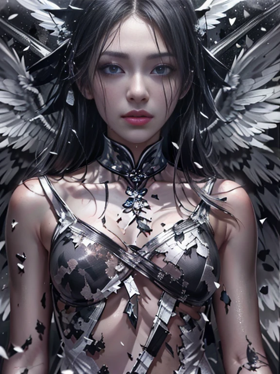 A sexy, tight-fitting but not revealing leather outfit that combines the perfect dynamic elements.: 1.7, Subtle tattoos: 1.6, Fine jewelry: 1.6, Highly detailed skin and facial features: 1.3, Arm and leg details, wings on shoulder, Wings of God and Demon, White and black wings, 16K realistic images, The demon god has wide wings and great power., black bat wings: 1.3, White Angel Wings: 1.5, 6 angel wings, 6 devil wings, สาวสวยlong hairสองเมตร, shiny black hair, Smooth white skinเนียน, red lips, big breasts, small waist, Hip lift, Long legs, Dynamic poses, Slightly concealed armor, Angel wings and devil wings, Floating above the ground, Dark background, Horns grow from the head like a crown., Light from the mountain, Wearing little armor, Sparkling wings, White and black light, , Angel wings and bats, 12 wings, Angel wings and bat wings, long hair, Beautiful black and white tight dress with gold decorations, Embraced by twelve wings, He is white and black., Rainbow from the head, Busty breasts, universe backdrop, dynamic gesture, Smooth white skin, Layered wings alternating black and white, Gold pattern set, ชุดเซ็กซี่รัดรูปที่มีความสมดุลระหว่างความเซ็กซี่และความสง่างาม ประกอบด้วยรายละเอียดที่น่าสนใจ เช่น รอยสักที่ประณีต เครื่องประดับที่สวยงาม และผิวหน้าที่ละเอียด มีปีกที่หลากหลาย ทั้งปีกที่เป็นสัญลักษณ์ของเทพและปีศาจ ซึ่งรวมกัน 12 ปีก แบ่งเป็น 6 ปีกของนางฟ้าและ 6 ปีกของปีศาจ ตัวละครมีlong hairสวยงามสีดำเงา Smooth white skinเนียน และมีท่าทางที่แสดงถึงพลัง เธอสวมชุดสีขาวดำที่ประดับด้วยทอง มีเขางอกออกจากศีรษะเหมือนมงกุฎ และมีแสงสว่างที่เกิดจากเขา ฉากหลังเป็นพื้นมืดที่เน้นความโดดเด่นของตัวละคร รักษาอารมณ์ที่เต็มไปด้วยพลังและความน่าอัศจรรย์ ภาพจะมีความละเอียดสูงถึง 8K และแสดงออกมาในรูปแบบที่น่าดึงดูดใจชุดเซ็กซี่รัดรูปนี้ยังมีรายละเอียดเพิ่มเติมที่น่าทึ่ง โดยยังคงสร้างบรรยากาศแห่งความน่าตื่นตาตื่นใจและความสง่างามในคราวเดียว องค์ประกอบของสัญลักษณ์ที่มีไว้สำหรับเทพและปีศาจได้รับการออกแบบมาอย่างพิถีพิถัน โดยเพิ่มความเข้มข้นให้กับภาพลักษณ์ ด้วยการใช้สีที่ตัดกันและมีชีวิตชีวาในแต่ละชั้นของปีก การโอบกอดด้วยปีกทั้งสิบสองสร้างความรู้สึกของการอยู่เหนือโลก, The white and black light from the layered wings further enhances the mood to match the tense atmosphere, while reflecting the beauty and bravery of this character. Angel wings and succubus wings, Distinct wings