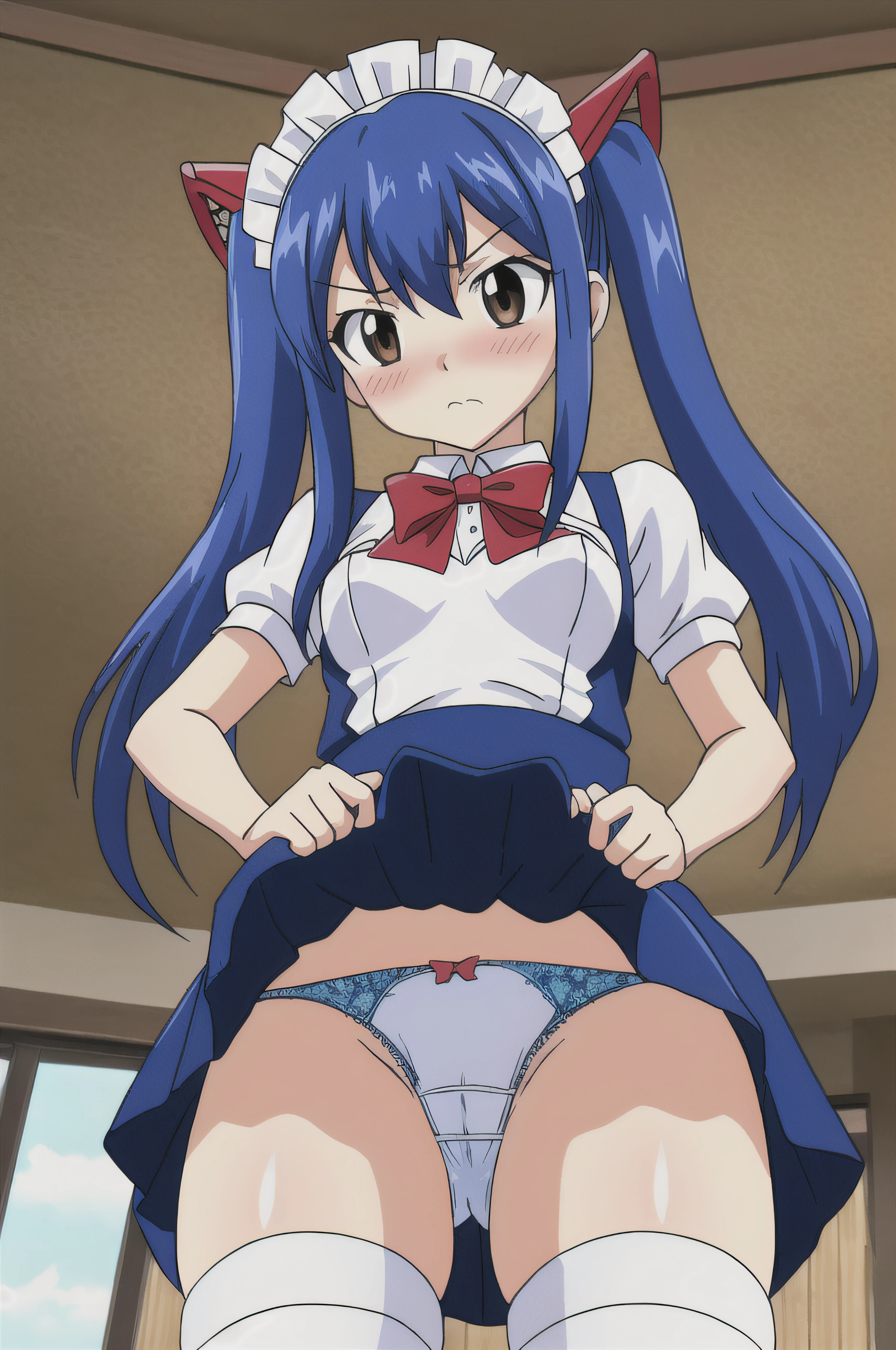 (((wendy))), fairy tail, anime art style, 1girl, solo, small_breasts, dressed, long_hair, looking away, shy, ((maid bowing, clothes lift, skirt lift, facing viewer, cameltoe closeup)), embarrassed, maid outfit, hair_ornament, blushing, hair_between_eyes, twintails, brown_eyes, blue_hair, upper_body, parody, style_parody, anime_coloring, short female, ite female, thick thighs, loli, maid headwear, thick thighs, thigh highs, from below, tight panties, bowtie on panties