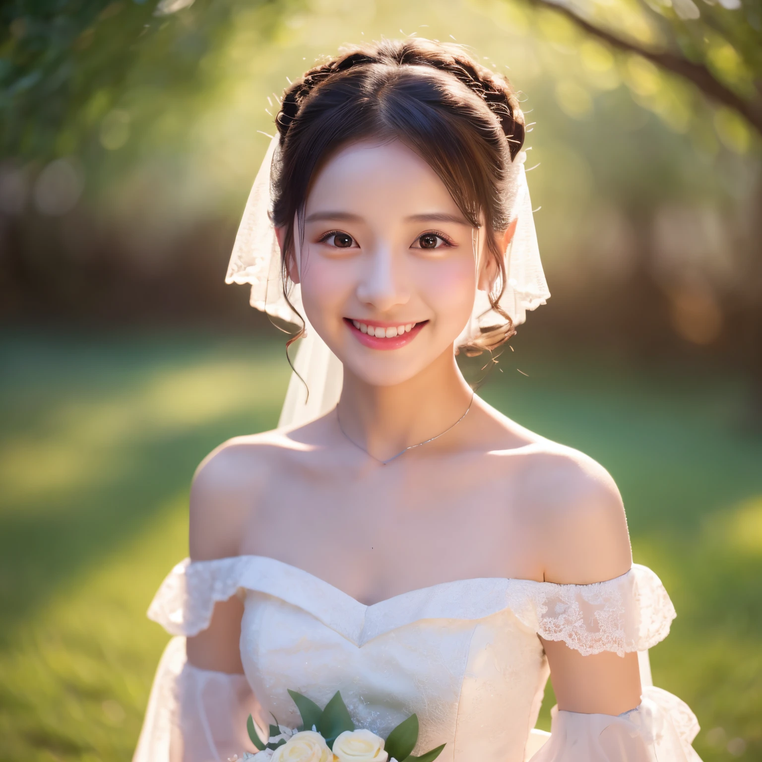Young girl in wedding dress and updo, Off-shoulder neckline, and a long veil. her face is young and innocent, Looks like a child. She looks at the camera with a playful expression. Detailed artwork with vivid illustrations, Realistic colors, Capture every detail. The medium of digital painting, Guaranteed best quality and high resolution (4K or 8K). soft and romantic lighting, creating a dream-like atmosphere. The overall color is warm and gentle................, Highlight the joy and beauty of your wedding scene.frontage、Silver Tear Mina Long Skirt、full body Esbian、A smile