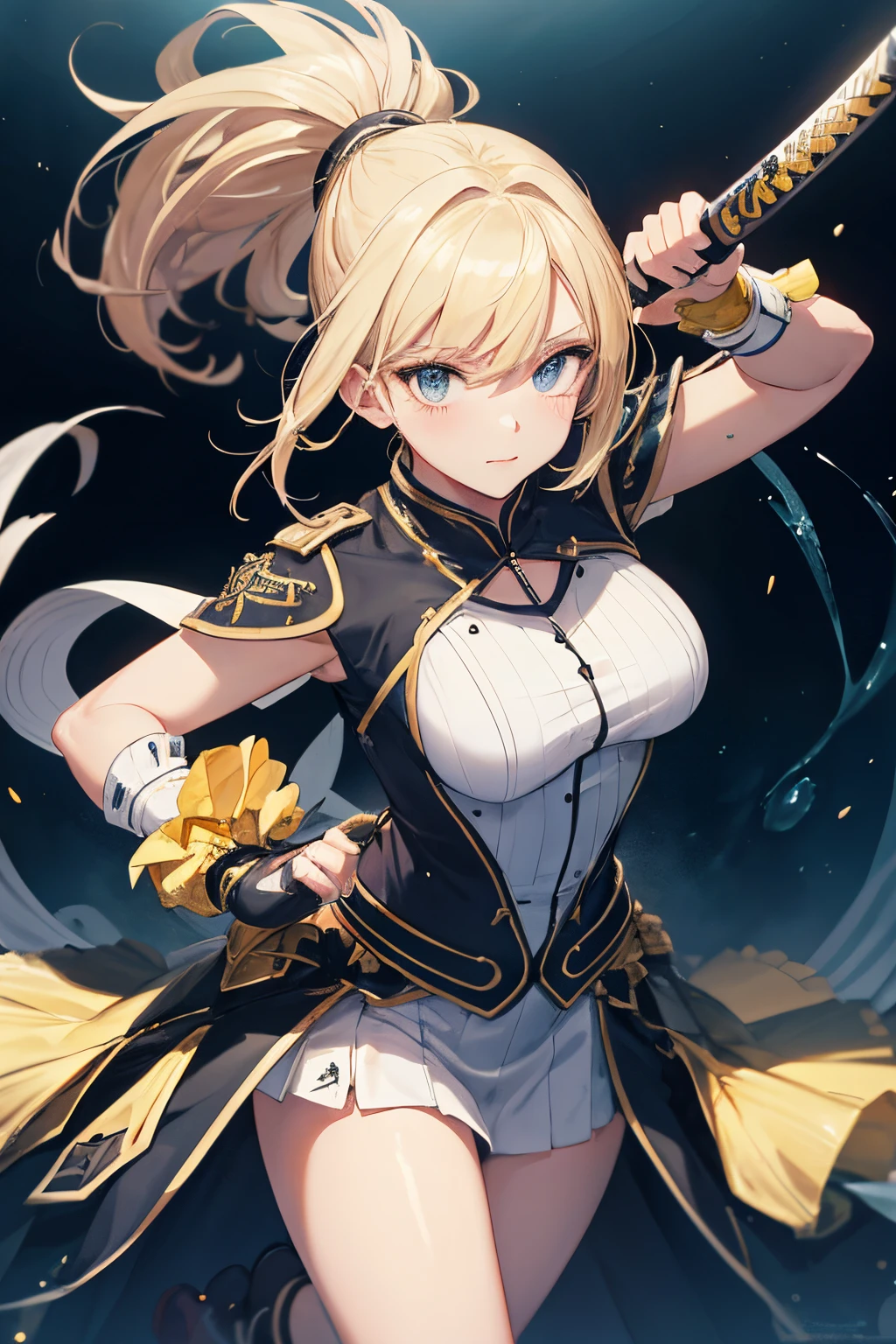 A blonde cheerleader with energetic moves, segurando uma katana, depicted in a high-contrast illustration style. The artwork is of the best quality, apresentando recursos ultradetalhados. Lighting is set up in a studio, iluminando a cena perfeitamente. The colors are vivid and vibrant, creating a visually striking composition. In the background, fine smoke adds a dynamic element, enquanto o bokeh cria um belo efeito de profundidade de campo. The woman is dressed in a white uniform, o que aumenta o impacto visual geral da obra de arte.