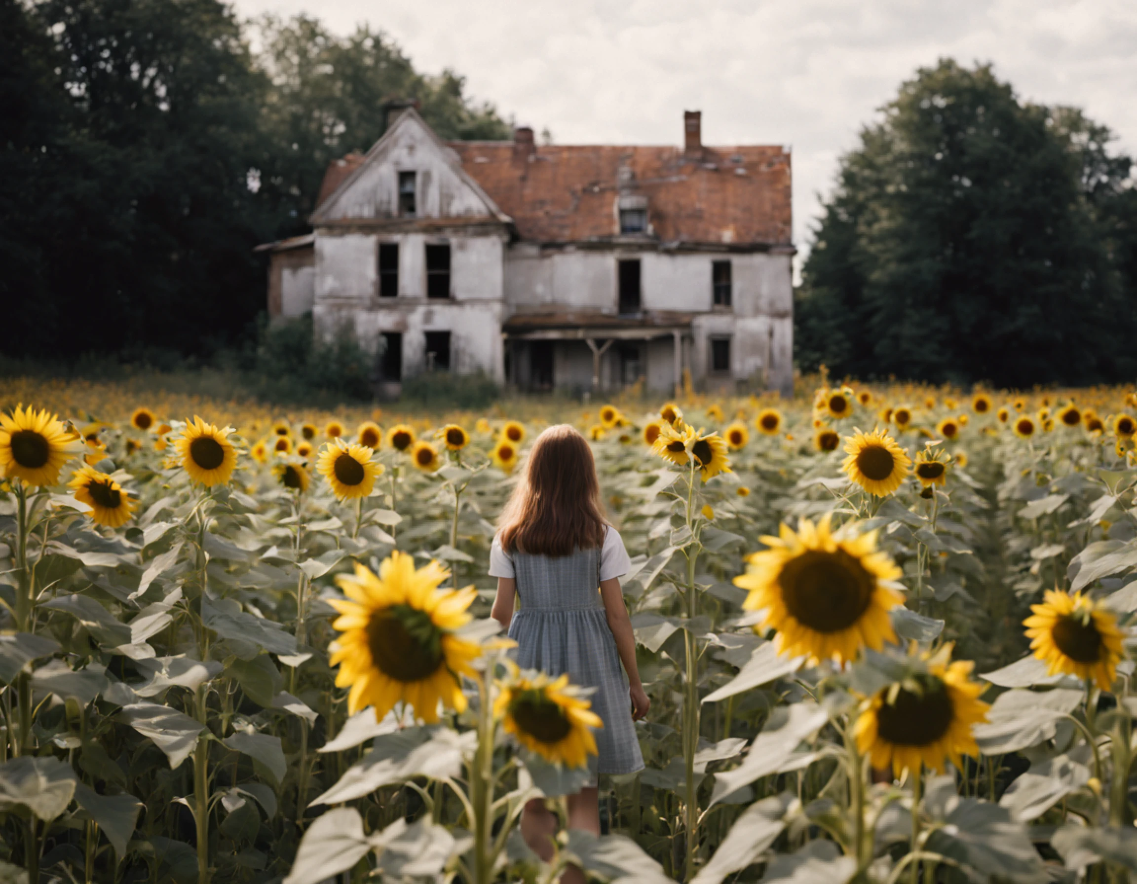 low quality film, Glitch Noise, the photo is not clear, Video taken by chance, Old house, girls play, sunflowers fields
