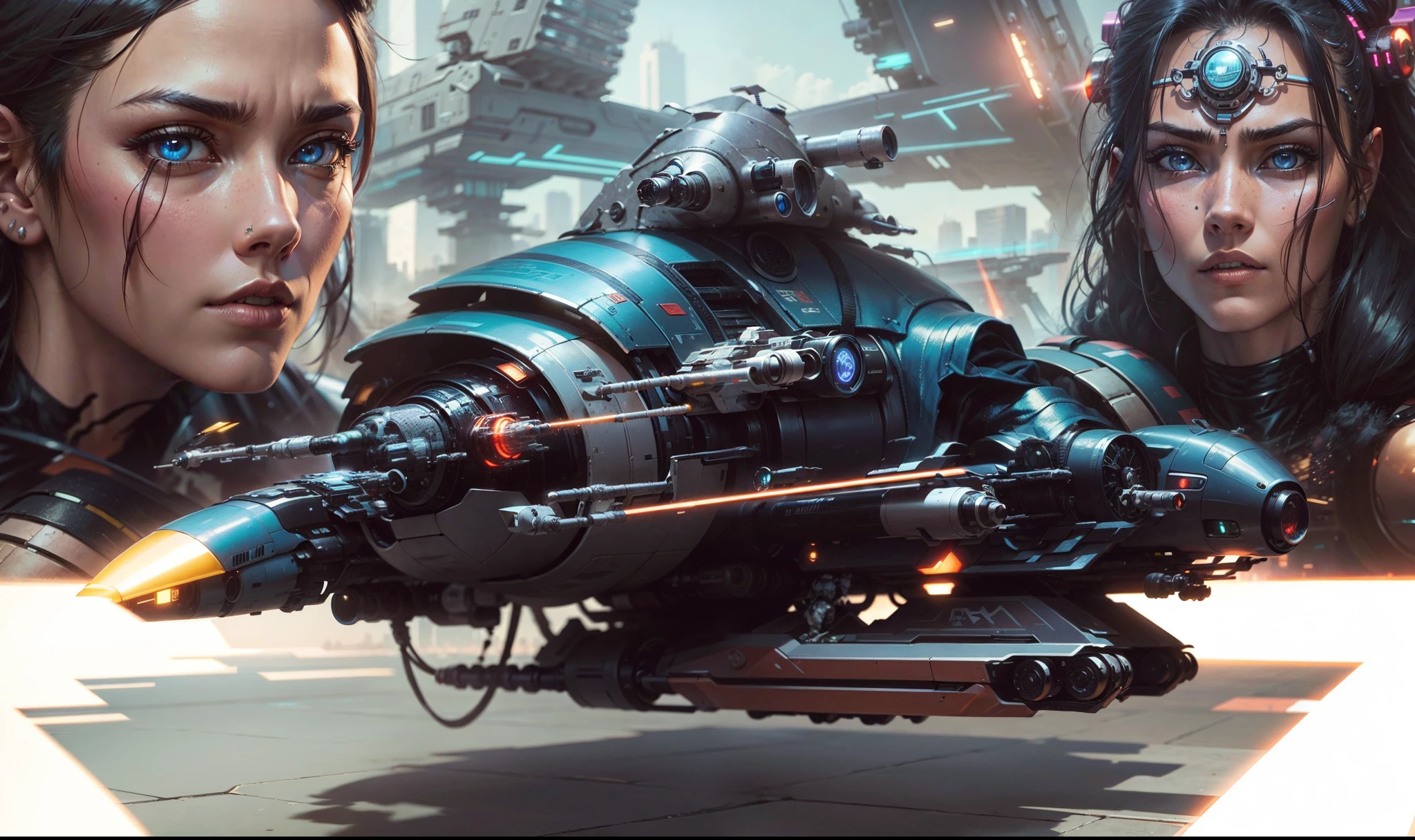 A Cyberpunk Hover Motor Bike carrying missiles in the foreground, close-up of 2 beautiful cyberpunk drivers with cyberpunk accessories and a cyberpunk city full of cyberpunk buildings and life in the background