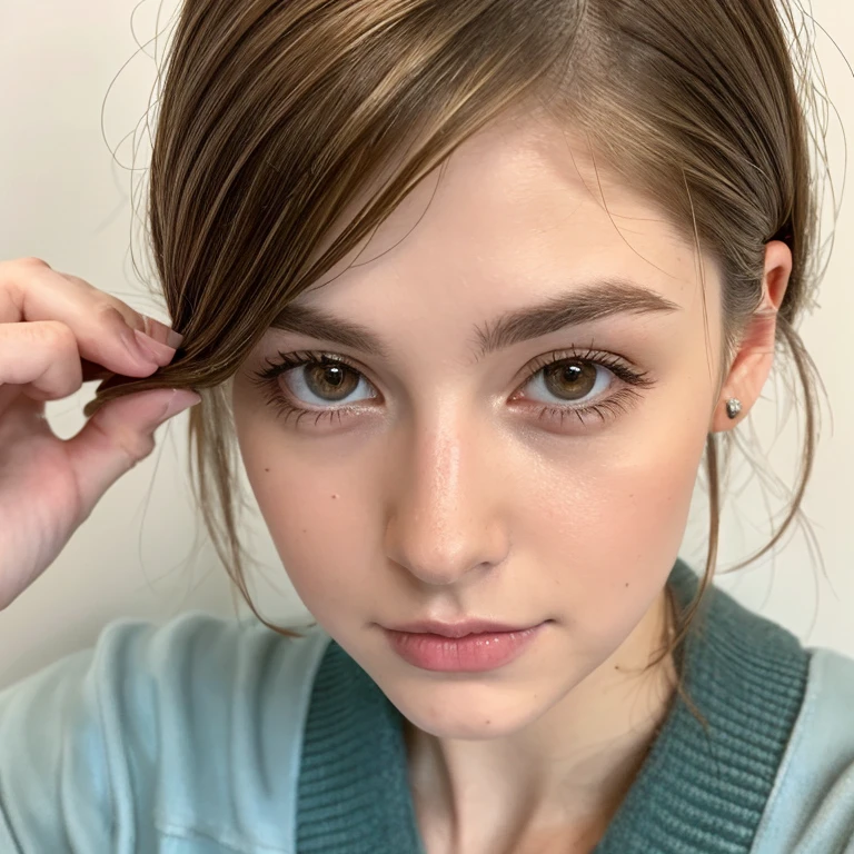 a white girl with brown hair, hazel eyes, and gray eyebrows
