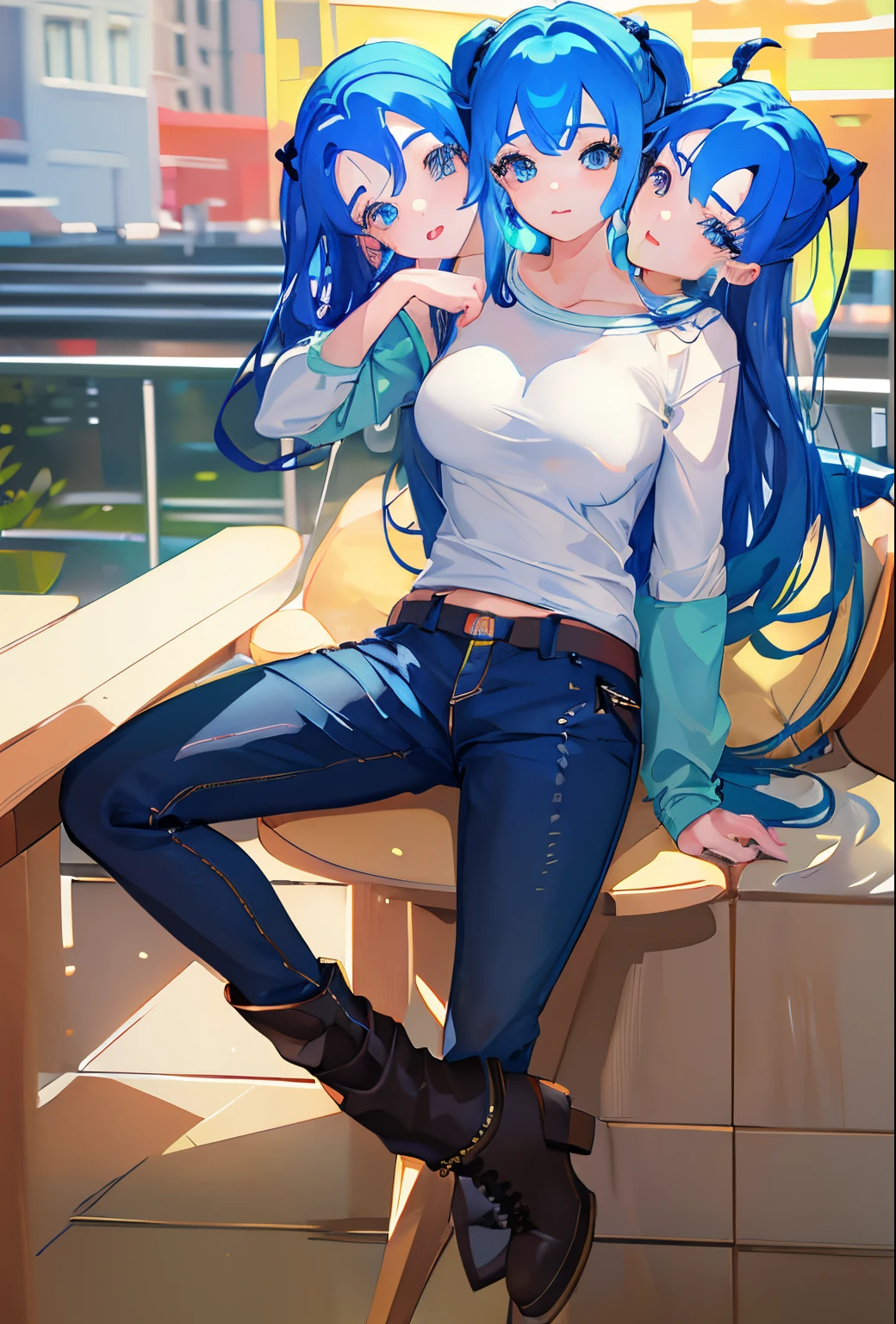 best quality, (masterpiece),(ultra-detailed), (high quality), (high resolution), (3heads:1.5) 1girl,(blue blue hair), teal eyes, casual wear, shirt with sleeves, long pants, boots