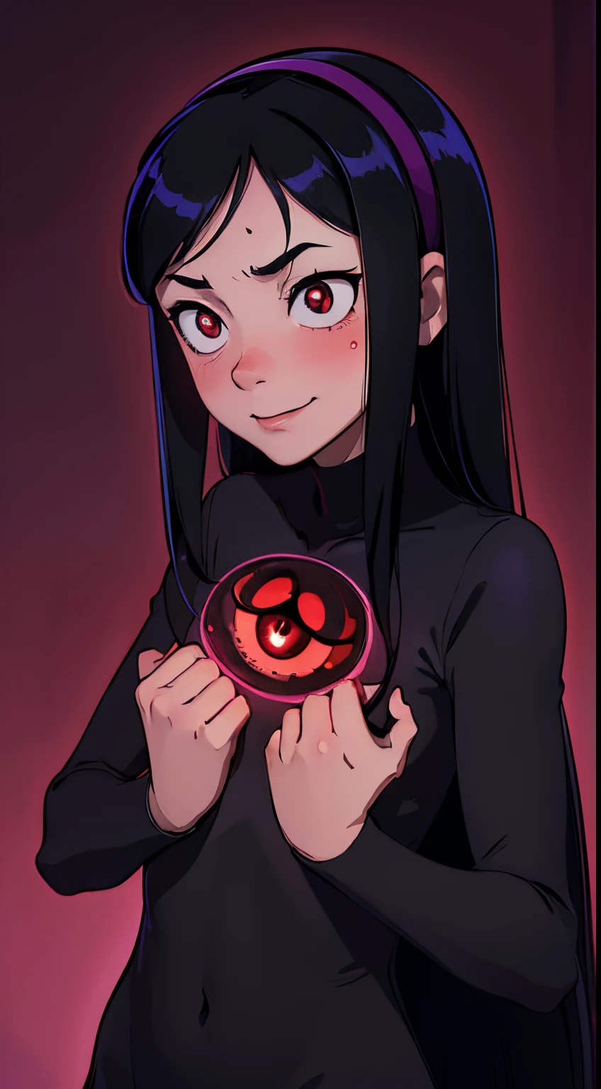 (((masterpiece))), HD 4k res image, no blur, Violet Parr possessed by perverted spirit, horror theme, in a dark laboratory, night, evil sinister smile, happy, glowing evil red eyes, seductive pose, long black hair, hairband, slender Lolicon body, small breast, h*ntai, nsfw, own hands on breast, sweating, blushing