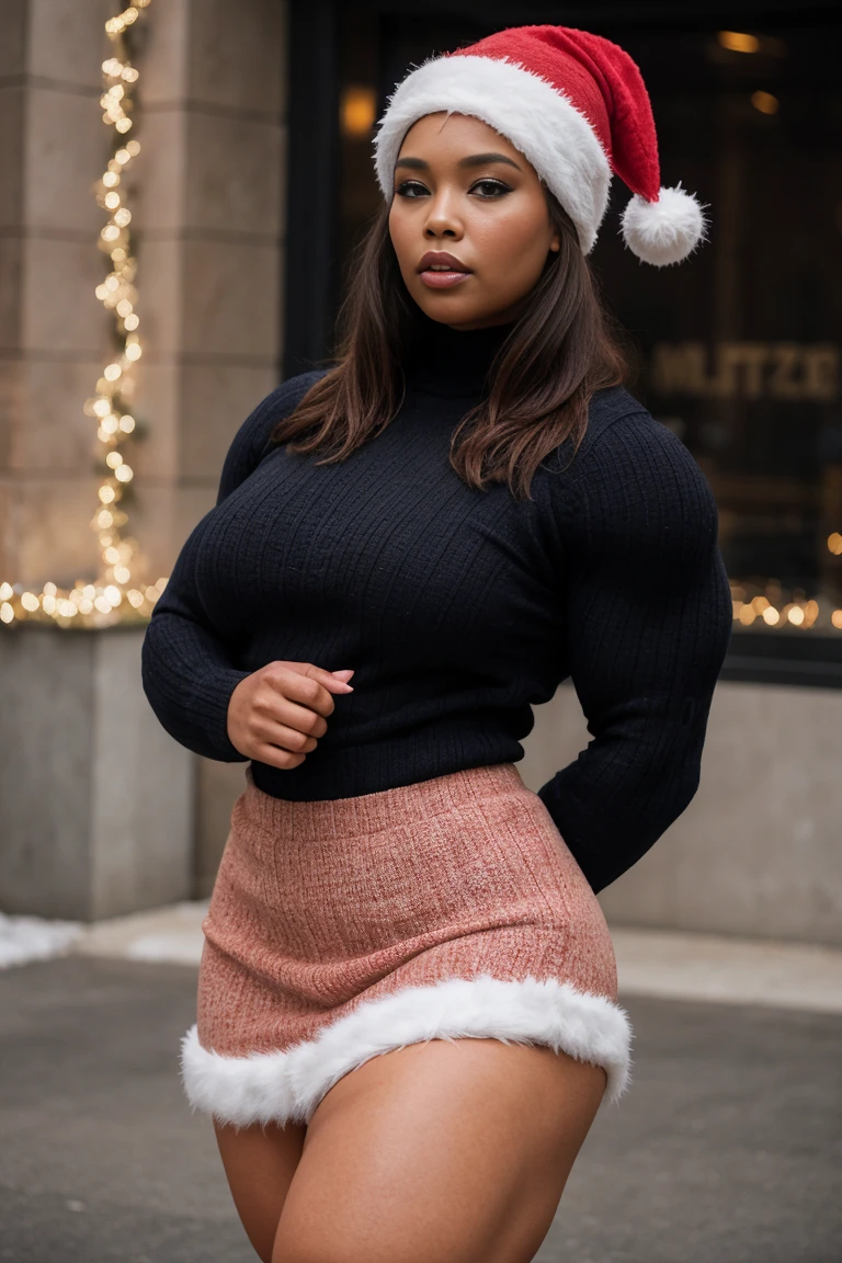 Lizzo , Generate a full length fashion portrait of a heavily muscled iff pro female bodybuilder , her makeup, hair, she is dressed in a tight fluffy woolen sweater, tight miniskirt, white knee high socks, xmas hat, lighting, environment