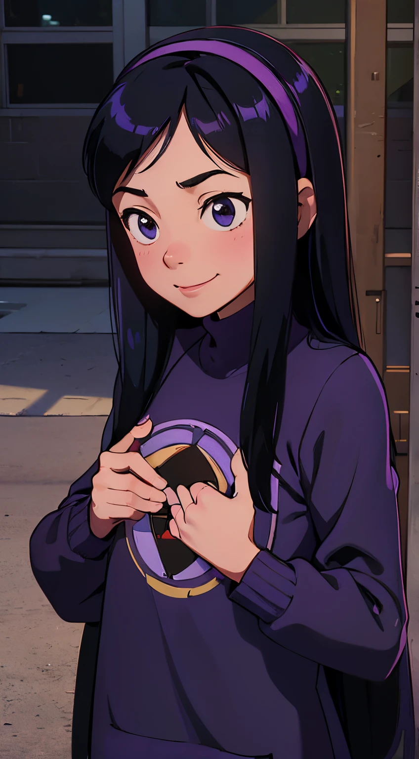 (((masterpiece))), HD 4k res image, no blur, Violet Parr l, innocent shy smile, at school outdoor, shy stand, wearing oversize sweater, hairband