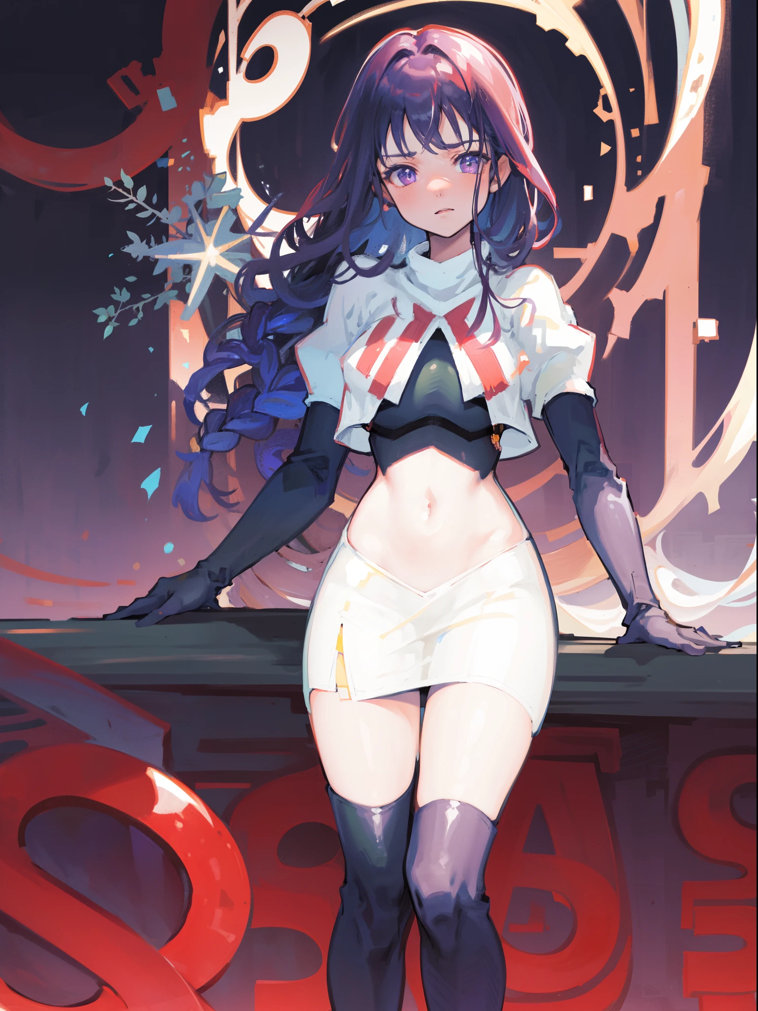 (Highest quality，Masterpiece，8k)，((Pale skin))，1girll，Solo Woman，((Genshin_impact，Raiden general)), Sexy beautiful anime girl，Raiden general, Mole under eye, Long purple hair, hair ornaments, rosy lips，Anime mouth, A sexy mature woman，Detailed eyeusty figure, team rocket,team rocket uniform, red letter R, white skirt,white crop top,black thigh-highs,black elbow gloves,