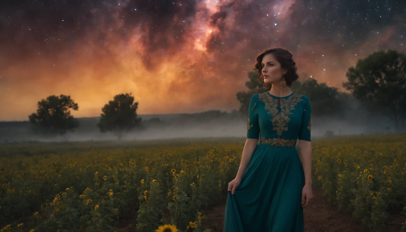 ((melhor qualidade)), ((master part)), Vasta foto de paisagem, (de baixo, The sky above and the open field below), a girl standing on a flower field looking up, (lua cheia: 1.2), (Meteoro: 0.9), (nebula: 1.3), Montanhas distantes, Trees BREAK Making Art, (Fonte de Luz Quente: 1.2), (Pirilampo: 1.2), lamps, Muito roxo e laranja, Detalhamento intrincado, Volumetric lighting, Realismo BREAK (master part: 1.2), (melhor qualidade), 4k, ultra-detalhado, (dynamic compositing: 1.4), Very detailed, Riqueza de detalhes, (Cores iridescentes: 1.2), (brilhar, Atmospheric Illumination), sonhador, magica, (sozinho: 1.2), profundidade de campo, Maximum Sharpness and Clarity, perfectly proportions,