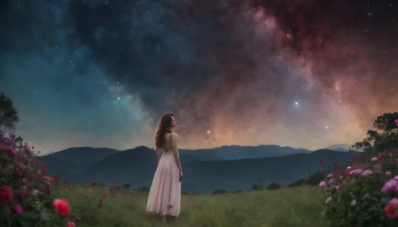 ((melhor qualidade)), ((master part)), Vasta foto de paisagem, (de baixo, The sky above and the open field below), a girl standing on a flower field looking up, (lua cheia: 1.2), (Meteoro: 0.9), (nebula: 1.3), Montanhas distantes, Trees BREAK Making Art, (Fonte de Luz Quente: 1.2), (Pirilampo: 1.2), lamps, Muito roxo e laranja, Detalhamento intrincado, Volumetric lighting, Realismo BREAK (master part: 1.2), (melhor qualidade), 4k, ultra-detalhado, (dynamic compositing: 1.4), Very detailed, Riqueza de detalhes, (Cores iridescentes: 1.2), (brilhar, Atmospheric Illumination), sonhador, magica, (sozinho: 1.2), profundidade de campo, Maximum Sharpness and Clarity, perfectly proportions,