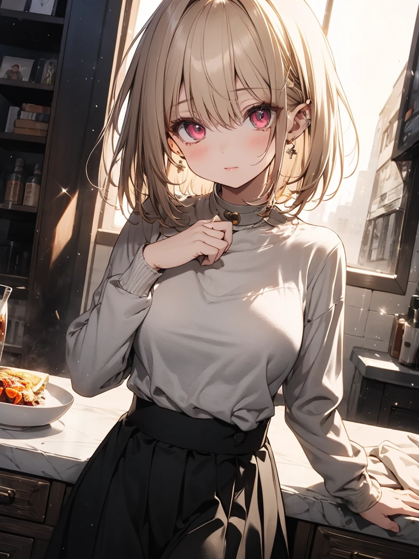 masterpiece, absurdres, best quality, ultra detailed, high Resolution, detailed illustration, (sfw), 1girl, (loli), cute face, detailed face, magenta eyes, cute eyes, sparkling eyes, big eyes, medium breasts, perky breasts, pointy breasts, medium hips, glamorous body, Surprised, BREAK, long bob cut, (blonde hair:0.8), messy hair, detailed hair, BREAK sweater, long skirt, tiny ribbon,  breakfast, fried egg, coffee, real world, natural lights, perfect lighting,